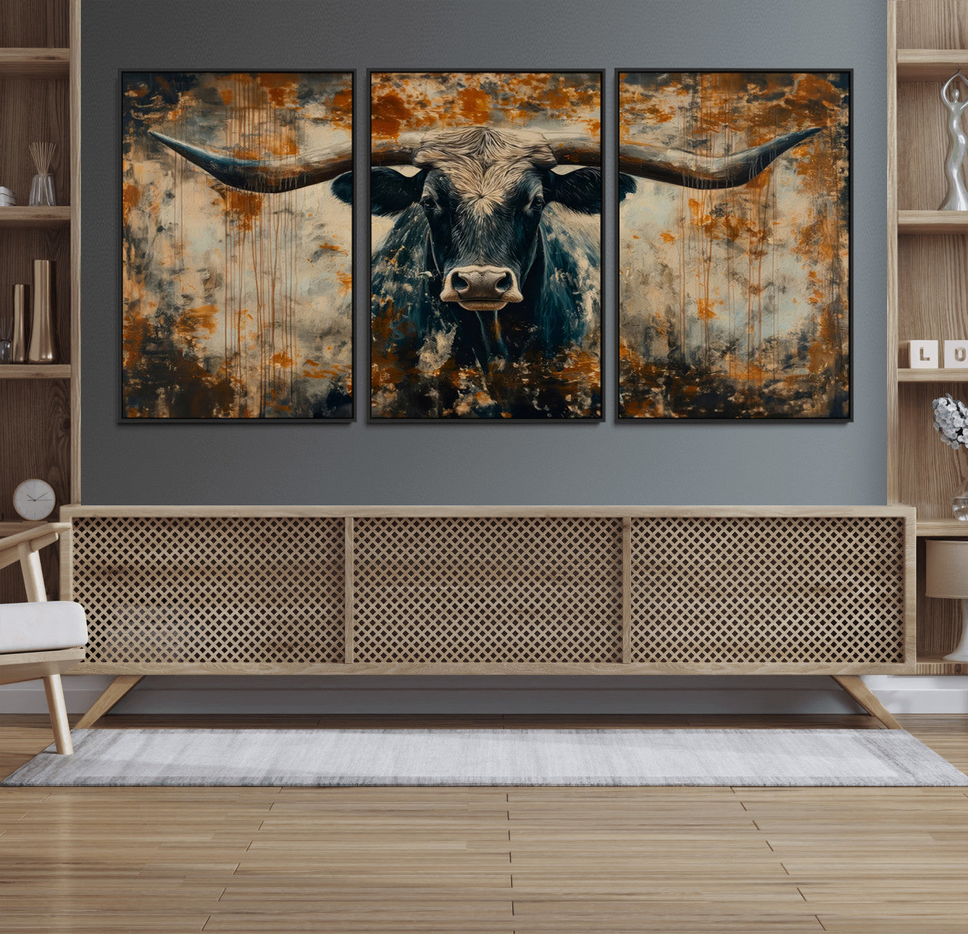 85913-MGV-FC-60X30-3P_Black-Longhorn Wall Art – Rustic Western Bull Canvas Print, Modern Farmhouse Animal Decor for Living Room, Office, or Ranch House