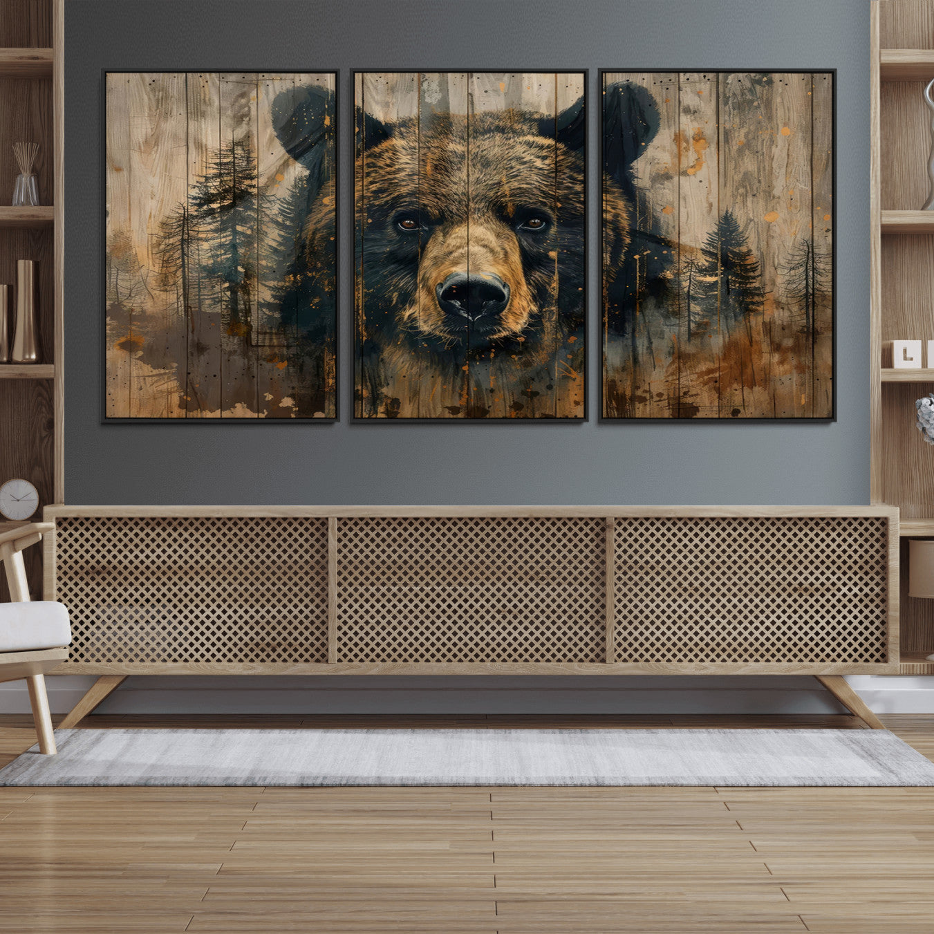 51373-MGV-FC-60X30-3P_Black-Abstract 399 Bear Wall Art | Rustic Cabin Wall Decor with Forest Design | Framed and Ready to Hang |