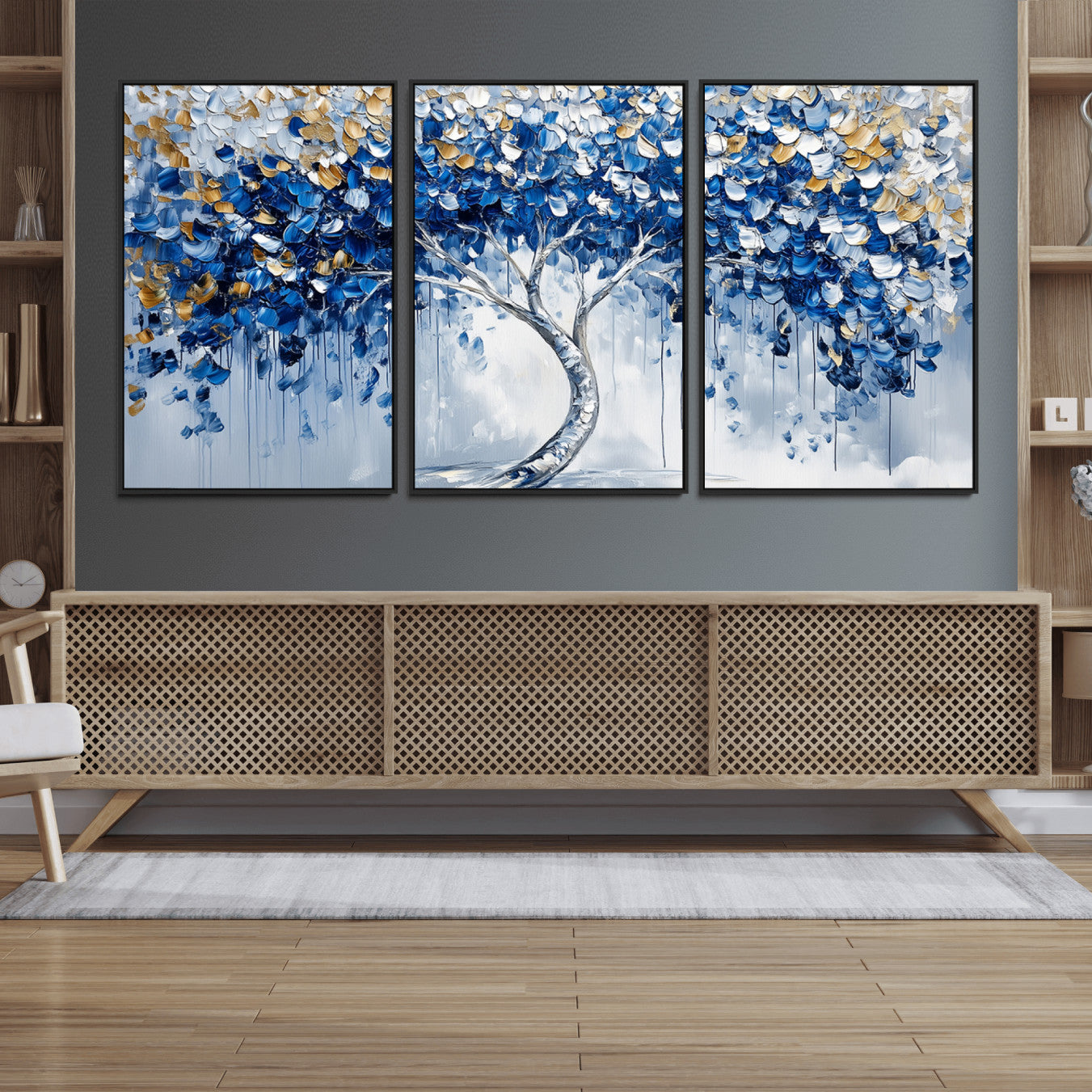 62350-MGV-FC-60X30-3P_Black-Blue and Gold Abstract Tree Wall Art Canvas Print | Modern Tree of Life Painting | Framed Canvas