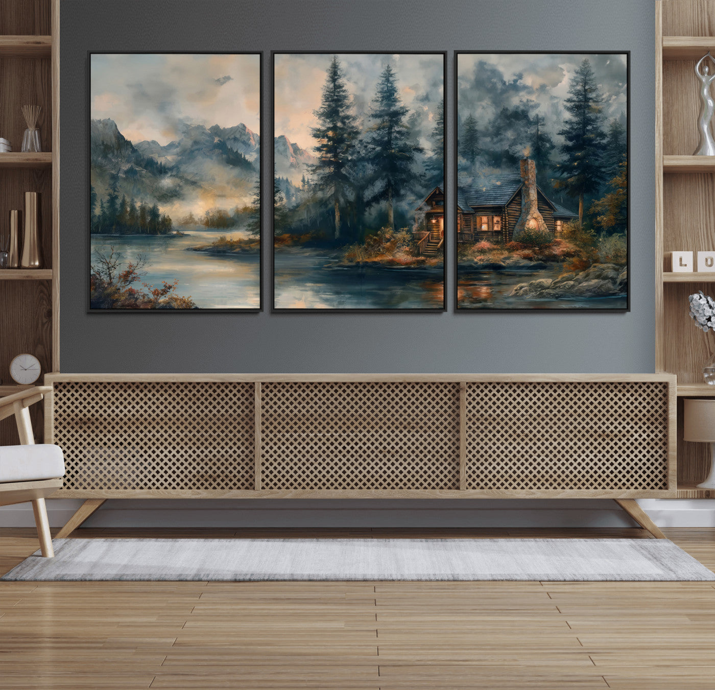 99088-MGV-FC-60X30-3P_Black-Rustic Cabin Woods Wall Art Print | Lake in a Forest Canvas Print | Cabin, Lodge, and Farmhouse