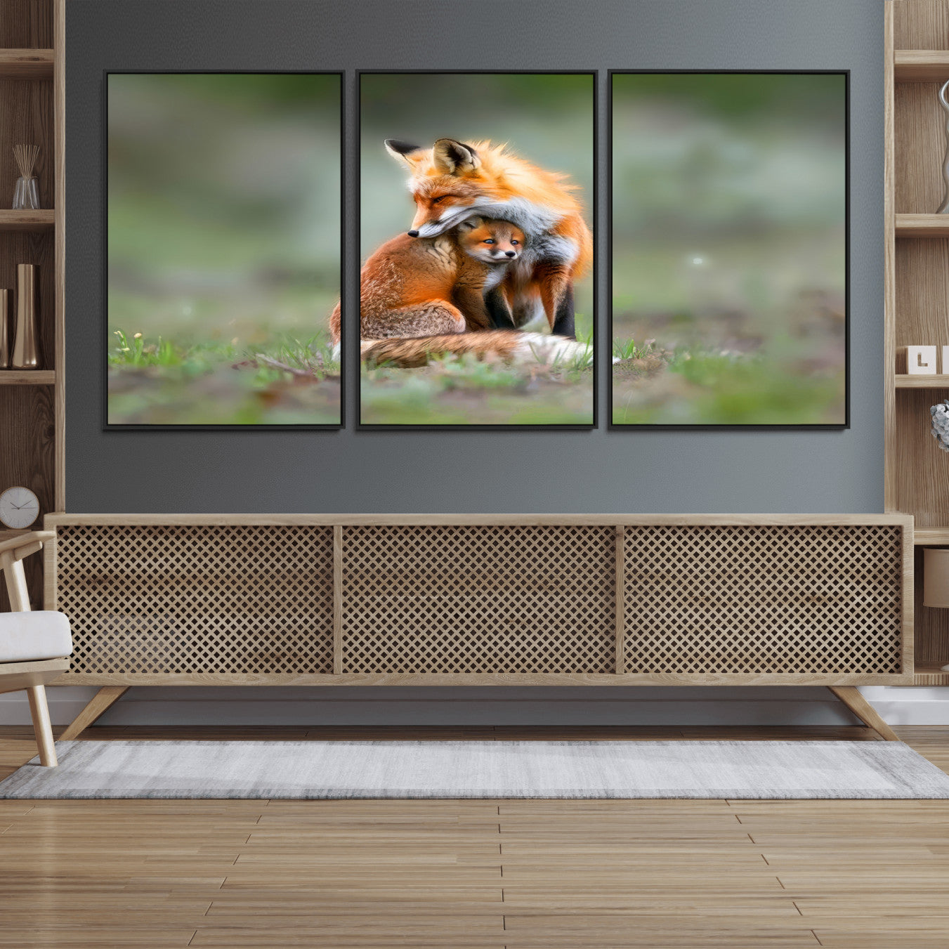38607-MGV-FC-60X30-3P_Black-Heartwarming Fox and Baby Cub Wall Art | Ready to Hang Canvas Print of Foxes in Nature | Perfect for