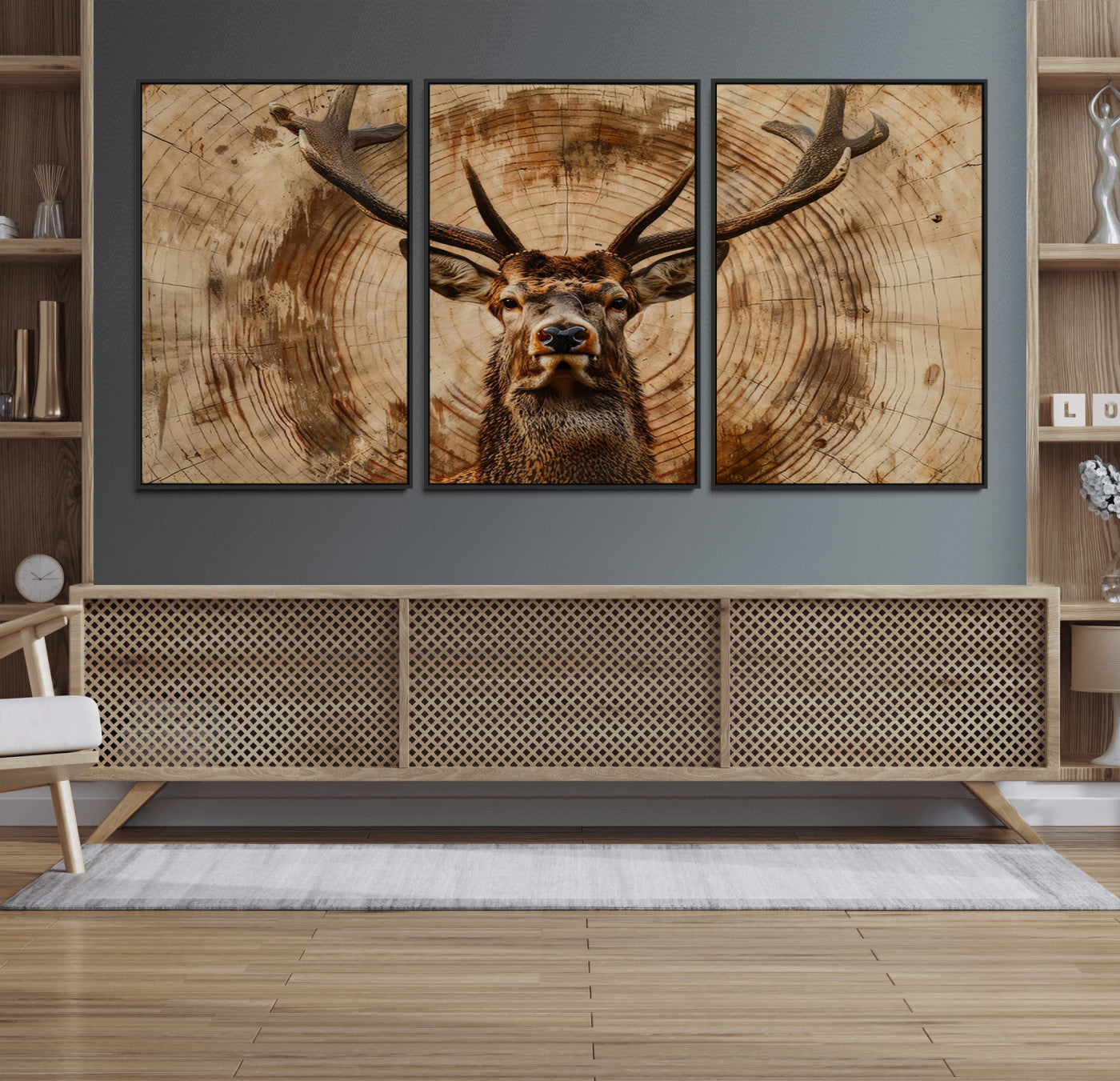 19375-MGV-FC-60X30-3P_Black-Wood Abstract Deer Wall Art | Rustic Wildlife Canvas Print | Ready to Hang Stag Head Triptych for