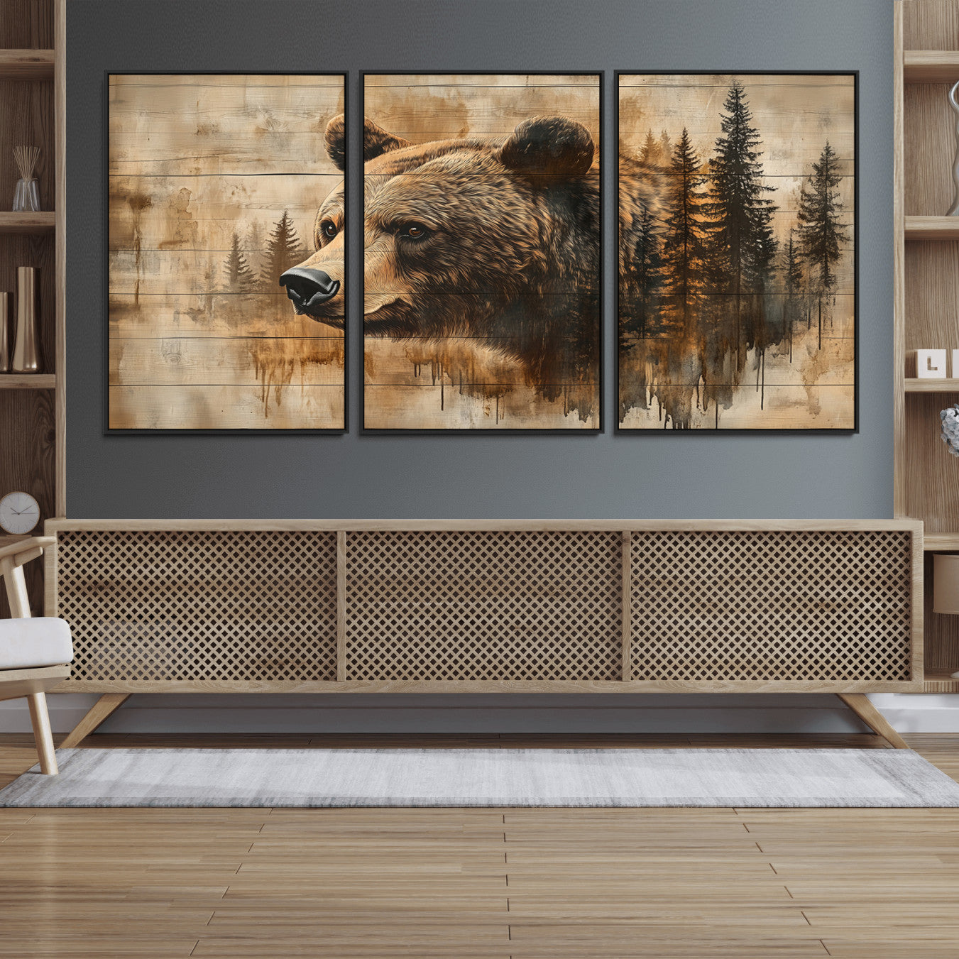 48378-MGV-FC-60X30-3P_Black-Rustic Grizzly Bear Wall Art, Abstract Grizzly 399 Bear Wall Art Canvas Print - Woodland Wildlife