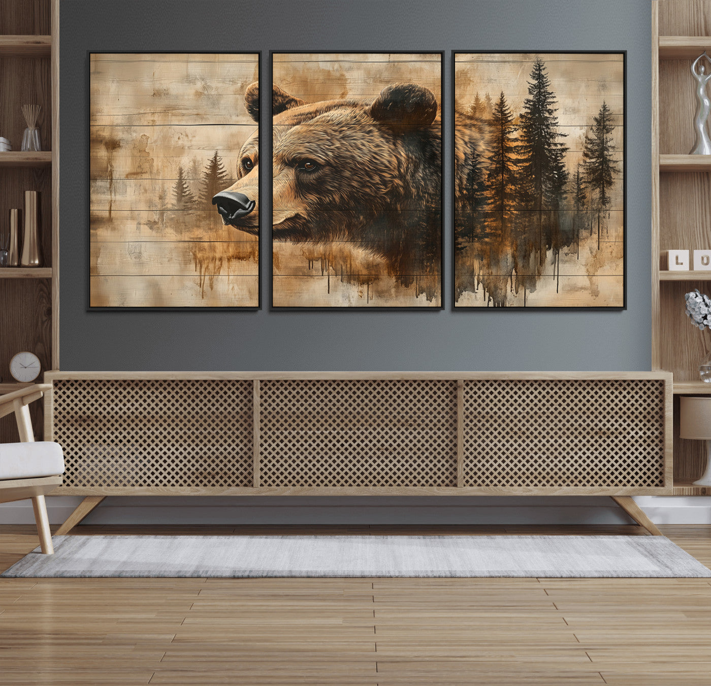 48378-MGV-FC-60X30-3P_Black-Rustic Grizzly Bear Wall Art, Abstract Grizzly 399 Bear Wall Art Canvas Print - Woodland Wildlife