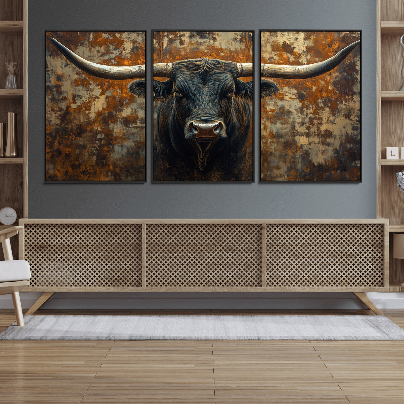 68068-MGV-FC-60X30-3P_Black-Longhorn Texas Cow Bull Wall Art | Rustic Farmhouse Canvas Print | Ready to Hang Barn Decor for