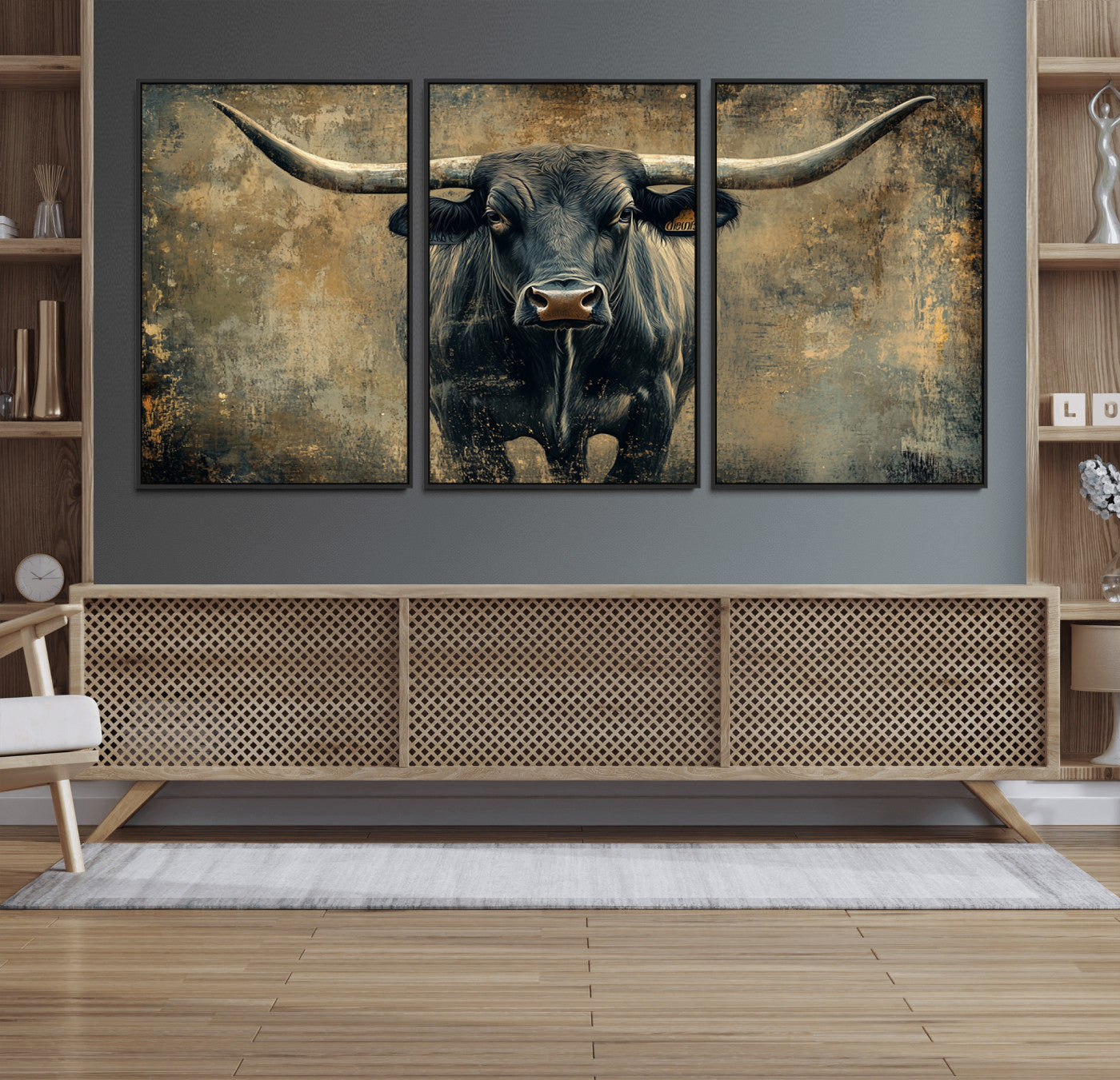 57385-MGV-FC-60X30-3P_Black-Texas Longhorn Bull Wall Art – Framed Rustic Cow Canvas Print, Western Farmhouse Decor Artwork for Living Room or Office