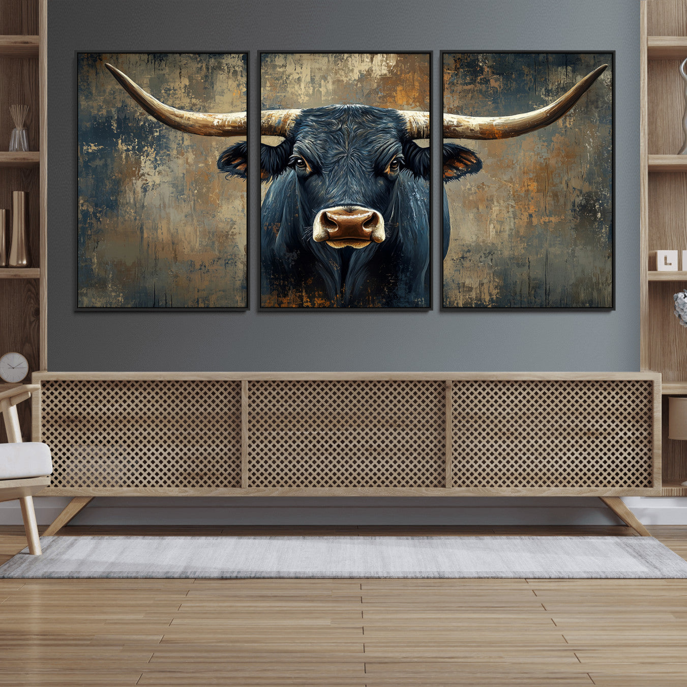 42026-MGV-FC-60X30-3P_Black-Texas Western Wall Art Canvas Print - Abstract Cow Longhorn Bull Wall Art Canvas Print - Rustic Cow