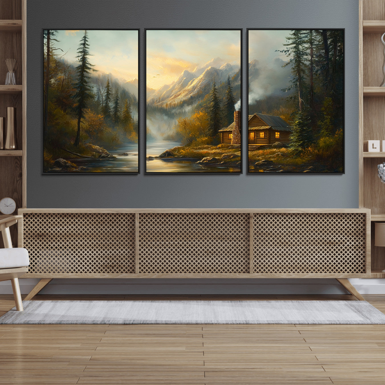 76464-MGV-FC-60X30-3P_Black-Wood Cabin Retreat Mountain at Sunset Wall Art Print - Serene Forest and River Landscape Wall Art