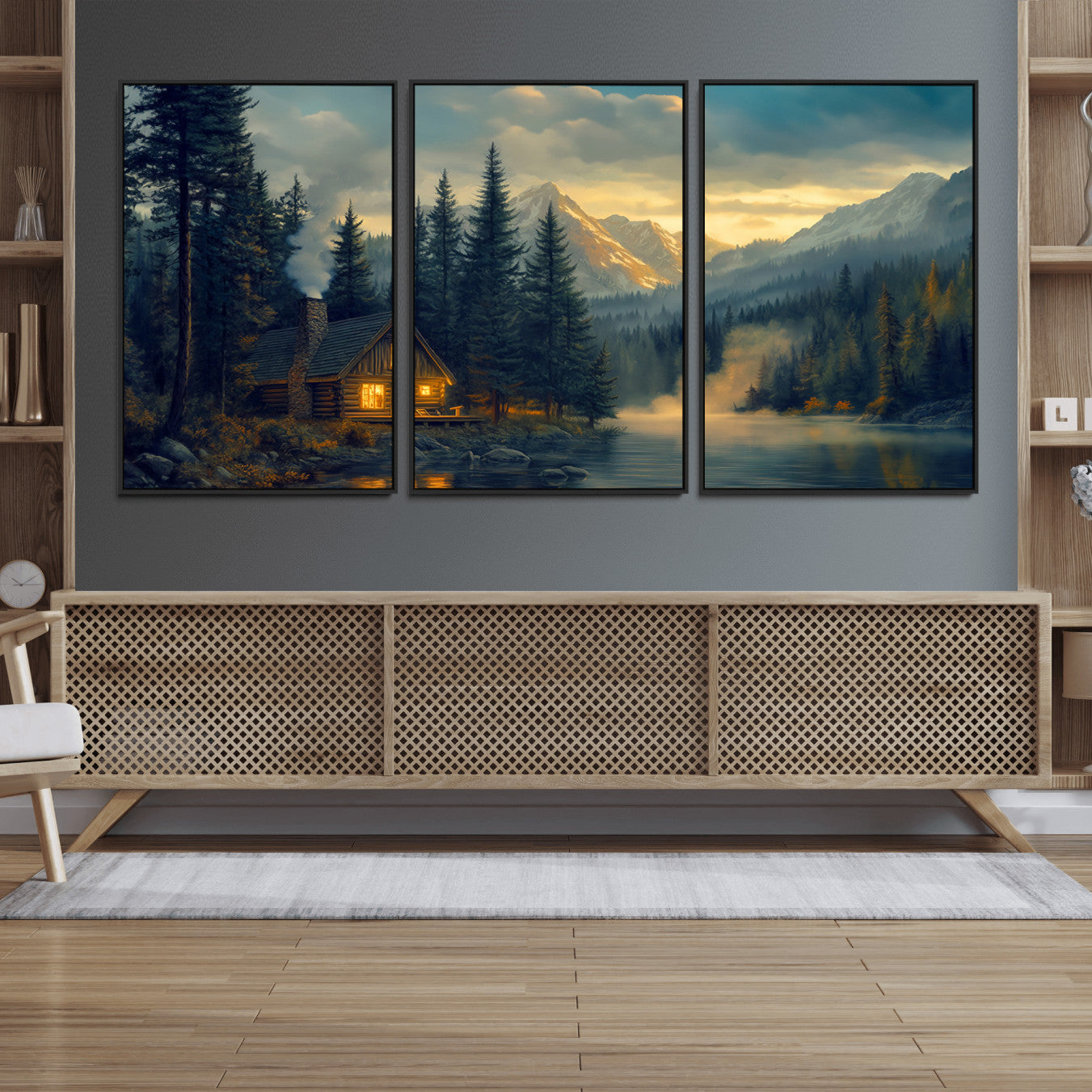 94027-MGV-FC-60X30-3P_Black-Mountain Cabin by the Lake at Sunset Wall Art - Serene Nature Canvas Print for Living Room Decor,