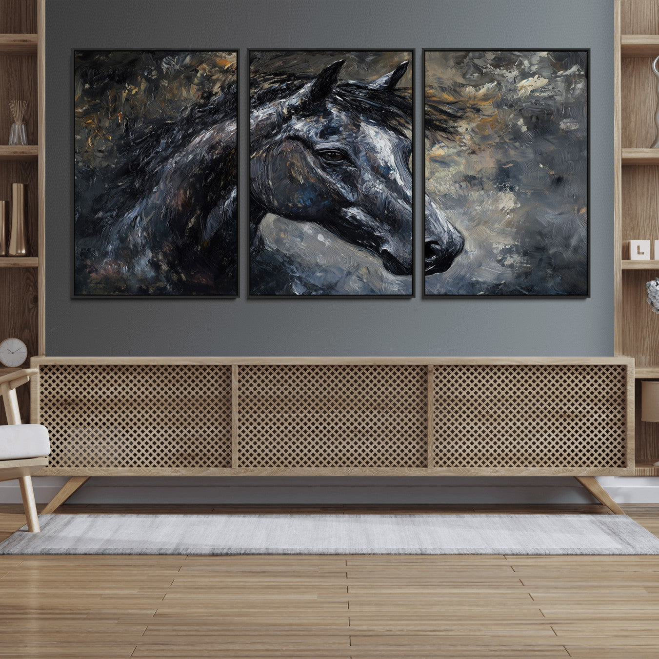 74166-MGV-FC-60X30-3P_Black-Large Abstract Horse Wall Art Canvas Print | Farmhouse Wall Decor | Rustic Horse Art | Western Cabin