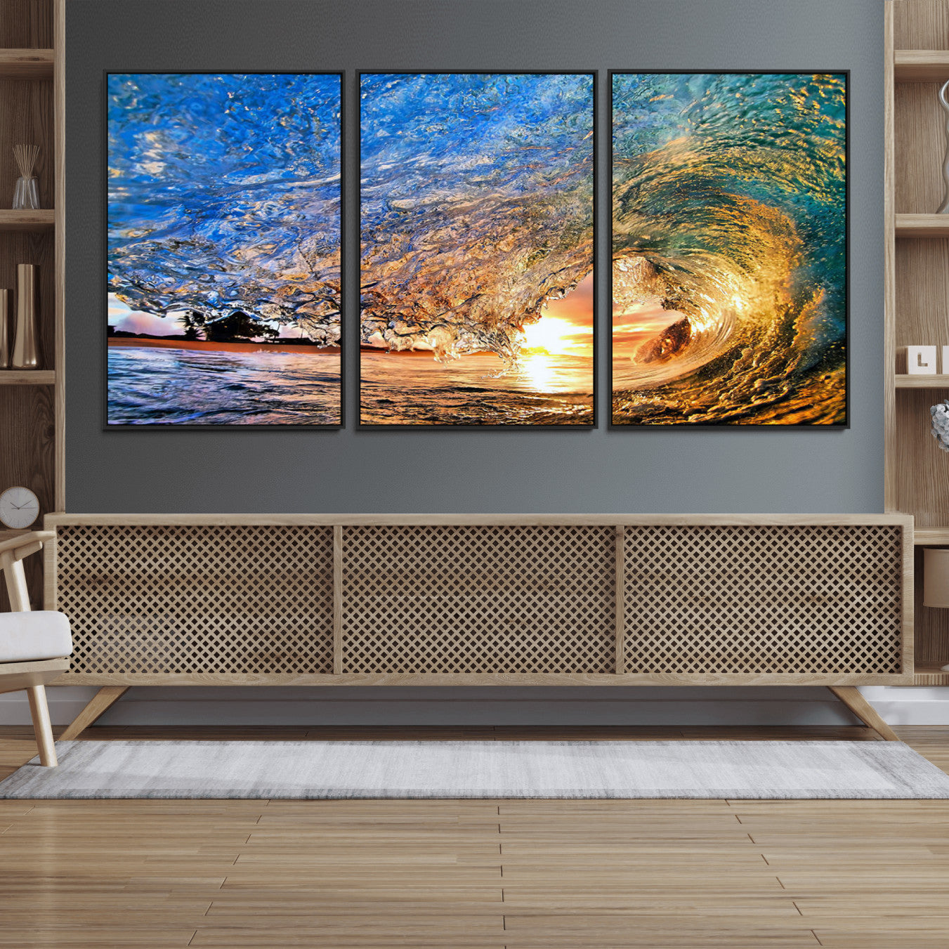 84627-MGV-FC-60X30-3P_Black-Ocean Wave at Sunset Canvas Wall Art – Vibrant Coastal Beach Waves Print, Large Nautical Decor,