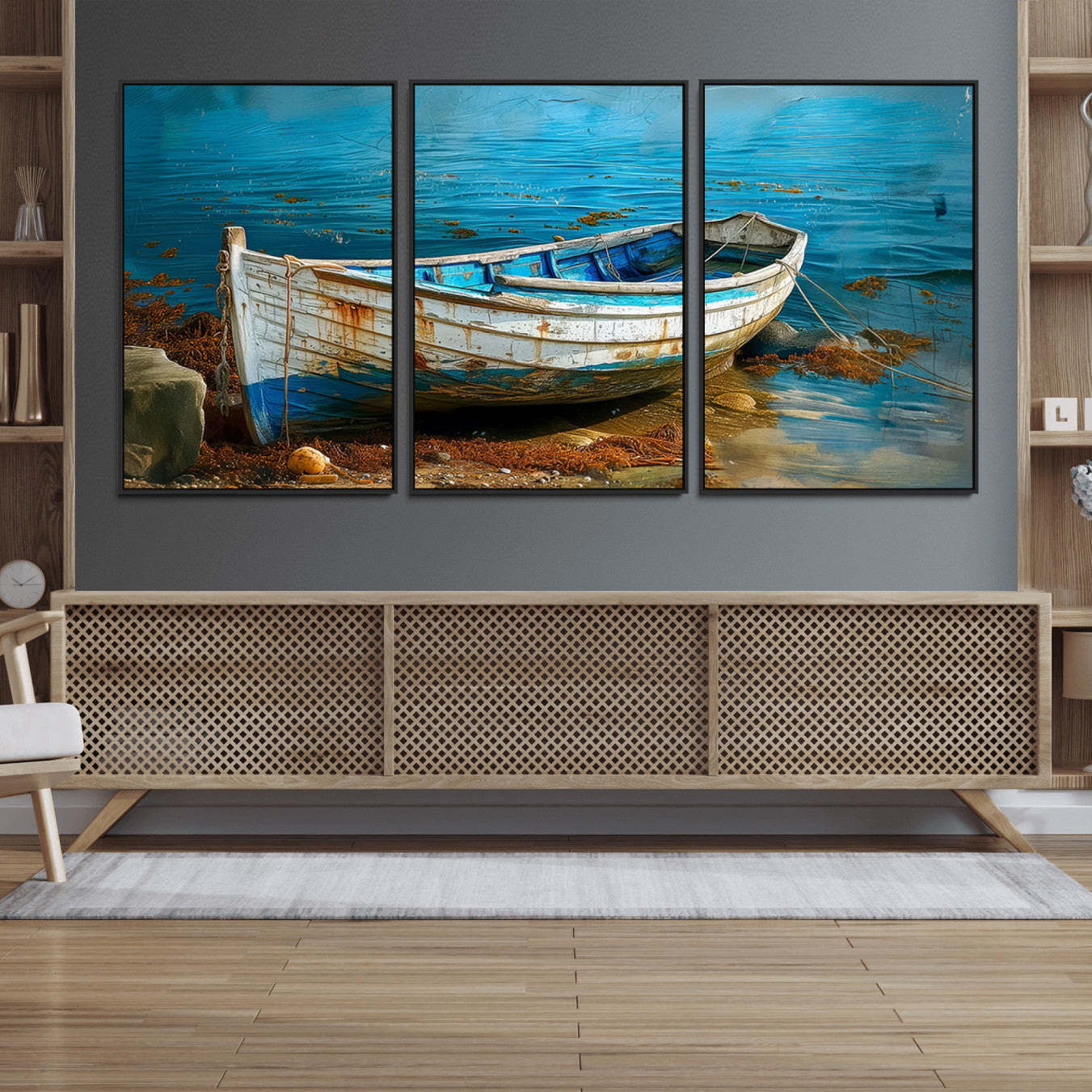 54716-MGV-FC-60X30-3P_Black-Vintage Boat on Tranquil Waters | Coastal Wall Art for Nautical Decor | Rustic Triptych Canvas Print