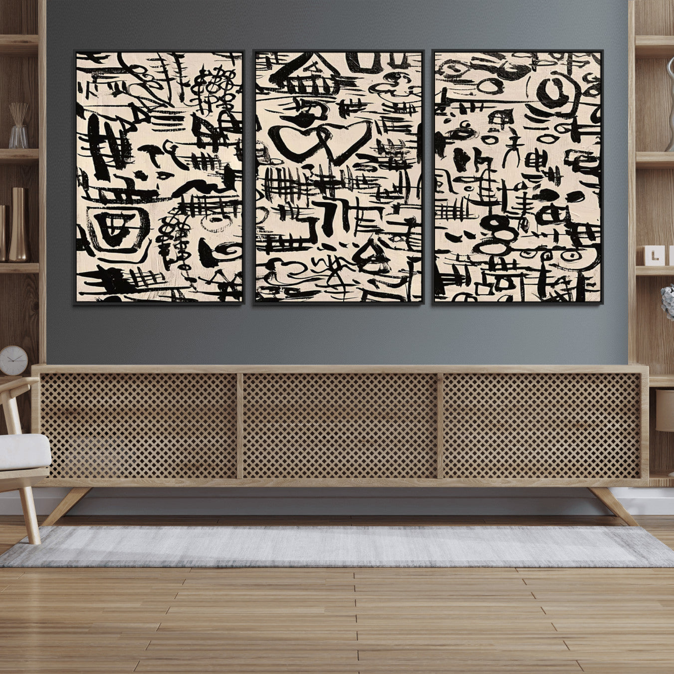 68273-MGV-FC-60X30-3P - Abstract Love and Chaos Canvas Print, Black Symbols on Beige