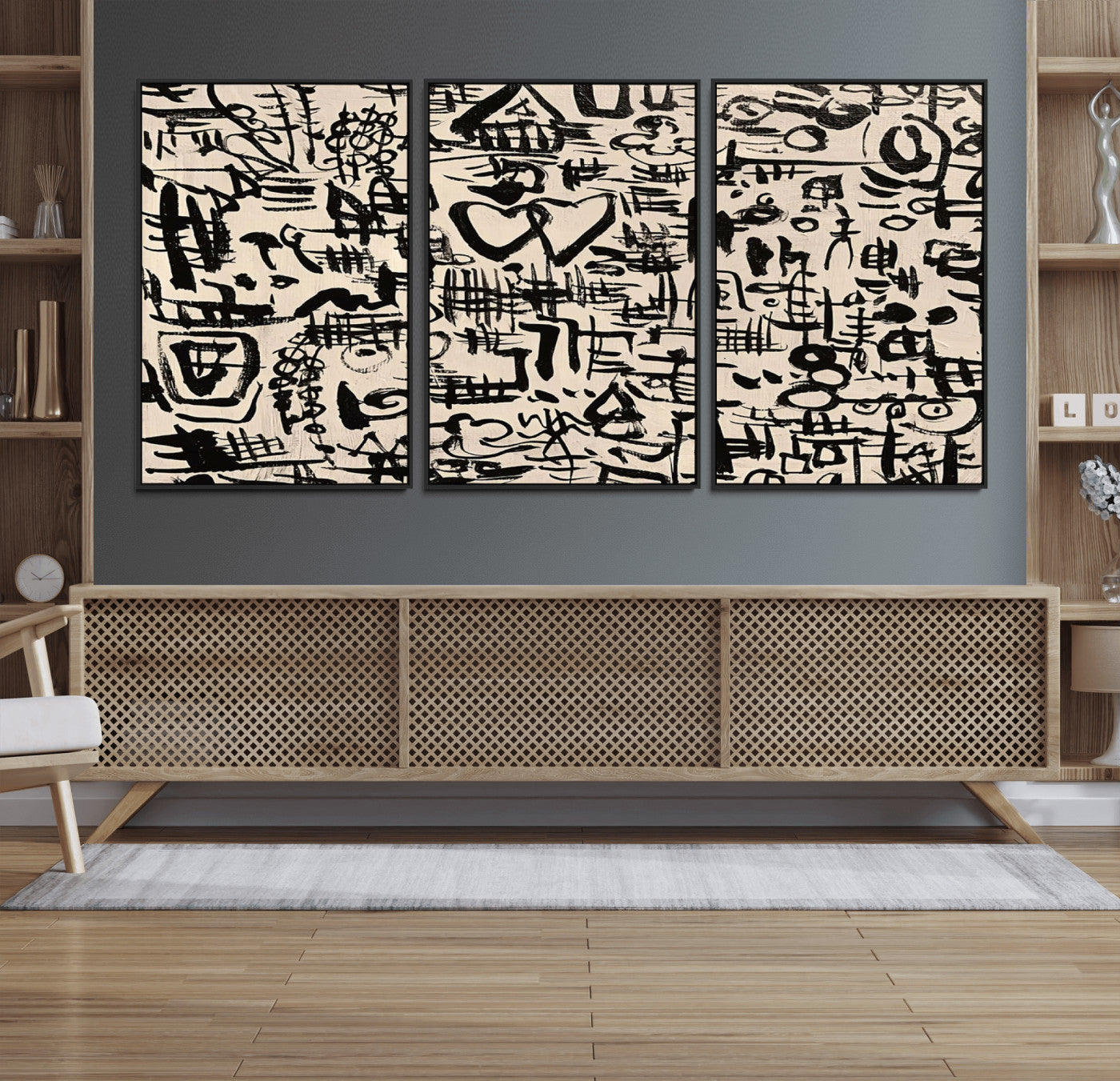 68273-MGV-FC-60X30-3P - Abstract Love and Chaos Canvas Print, Black Symbols on Beige