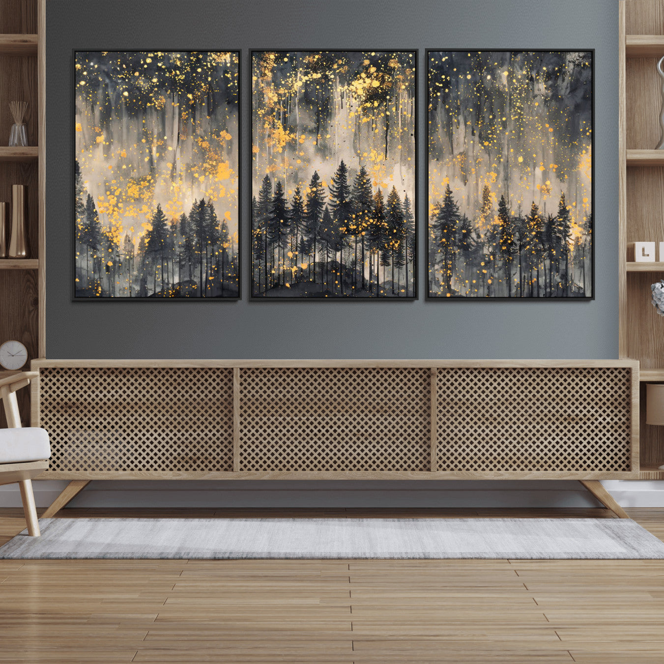 46049-MGV-FC-60X30-3P_Black-Golden Forest Abstract Wall Art | Dark Forest with Gold Splatter Accents | Triptych Ready to Hang