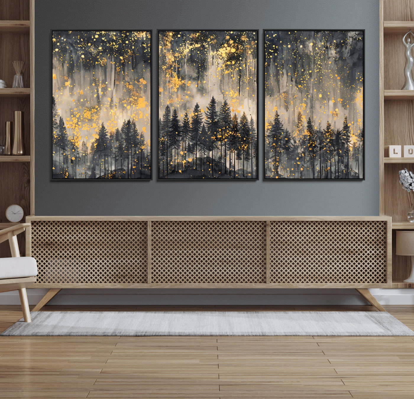 46049-MGV-FC-60X30-3P_Black-Golden Forest Abstract Wall Art | Dark Forest with Gold Splatter Accents | Triptych Ready to Hang