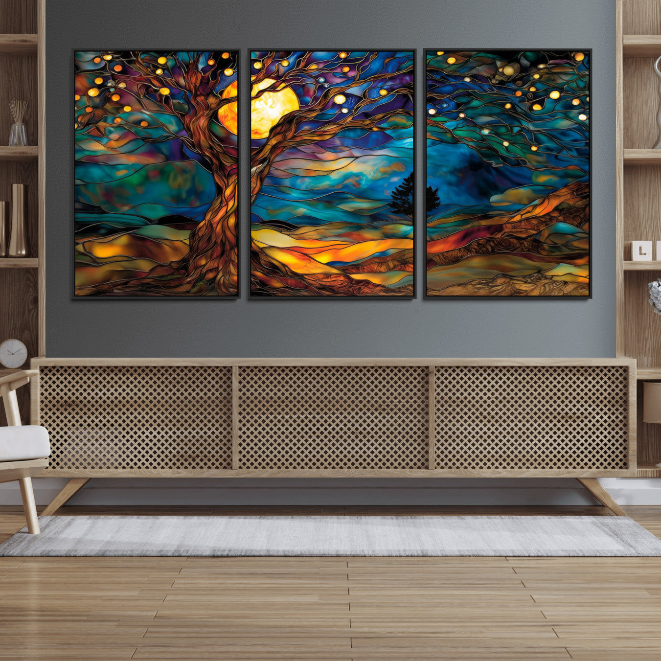 18319-MGV-FC-60X30-3P_Black-Tree of Life Wall Art - Yggdrasil Tree of Life Canvas Print - Vibrant Moonlit Tree Wall Art, Tree