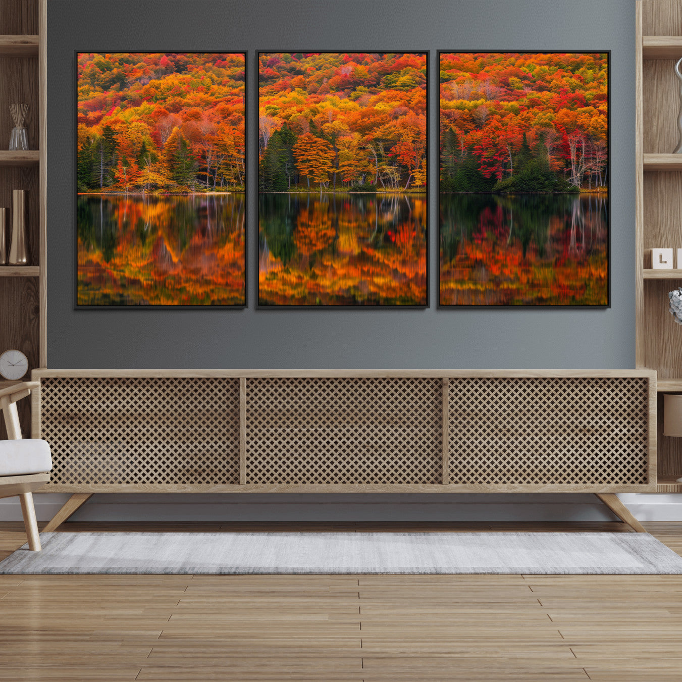 46246-MGV-FC-60X30-3P_Black-Fall Foliage Wall Art - Autumn Reflection Canvas Print, Stunning Fall Foliage Wall Art, Serene Lake