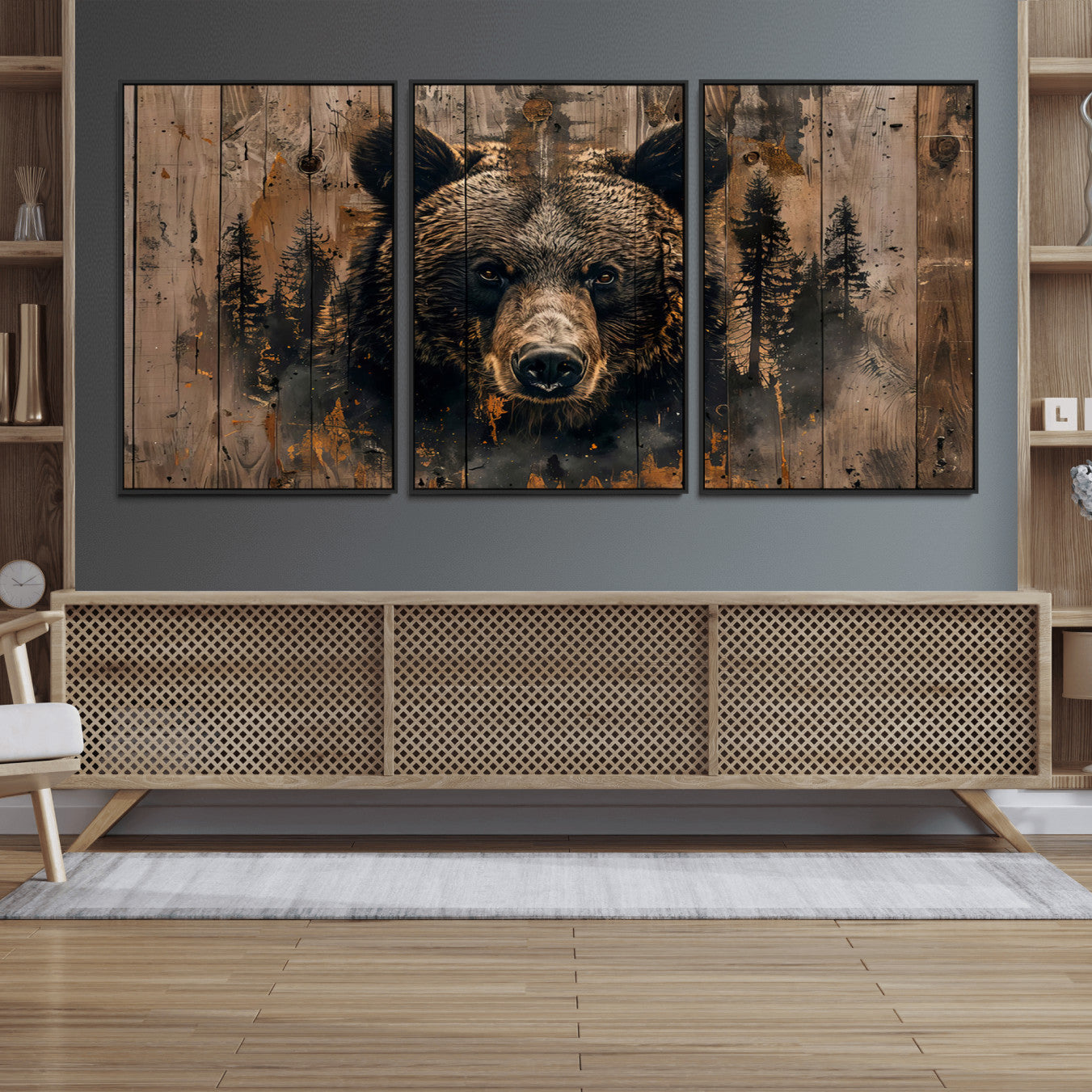 76998-MGV-FC-60X30-3P_Black-Rustic Grizzly 399 Wall Art | Triptych Canvas Print | Rustic Cabin Wall Decor | Perfect for