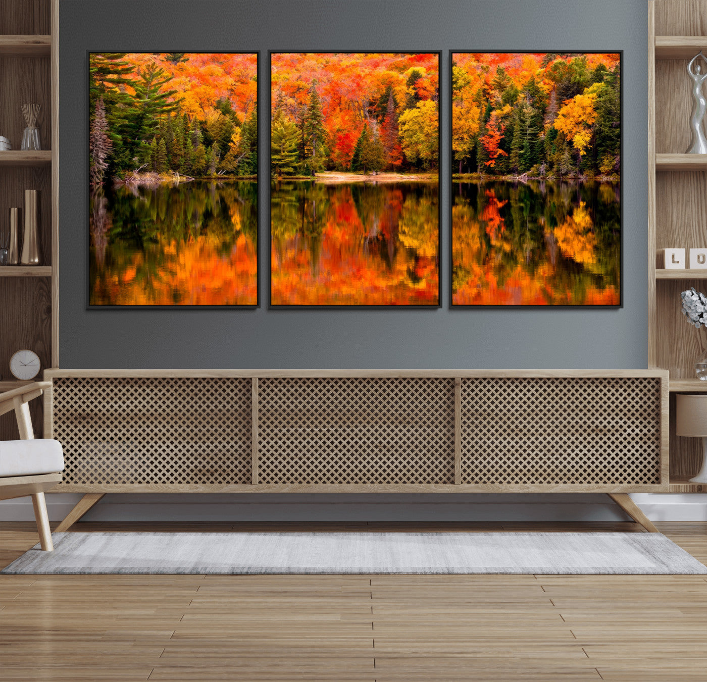 75397-MGV-FC-60X30-3P_Black-Forest Reflection Art | Autumn Forest Reflection Wall Art | Triptych Canvas Print | Vibrant Fall