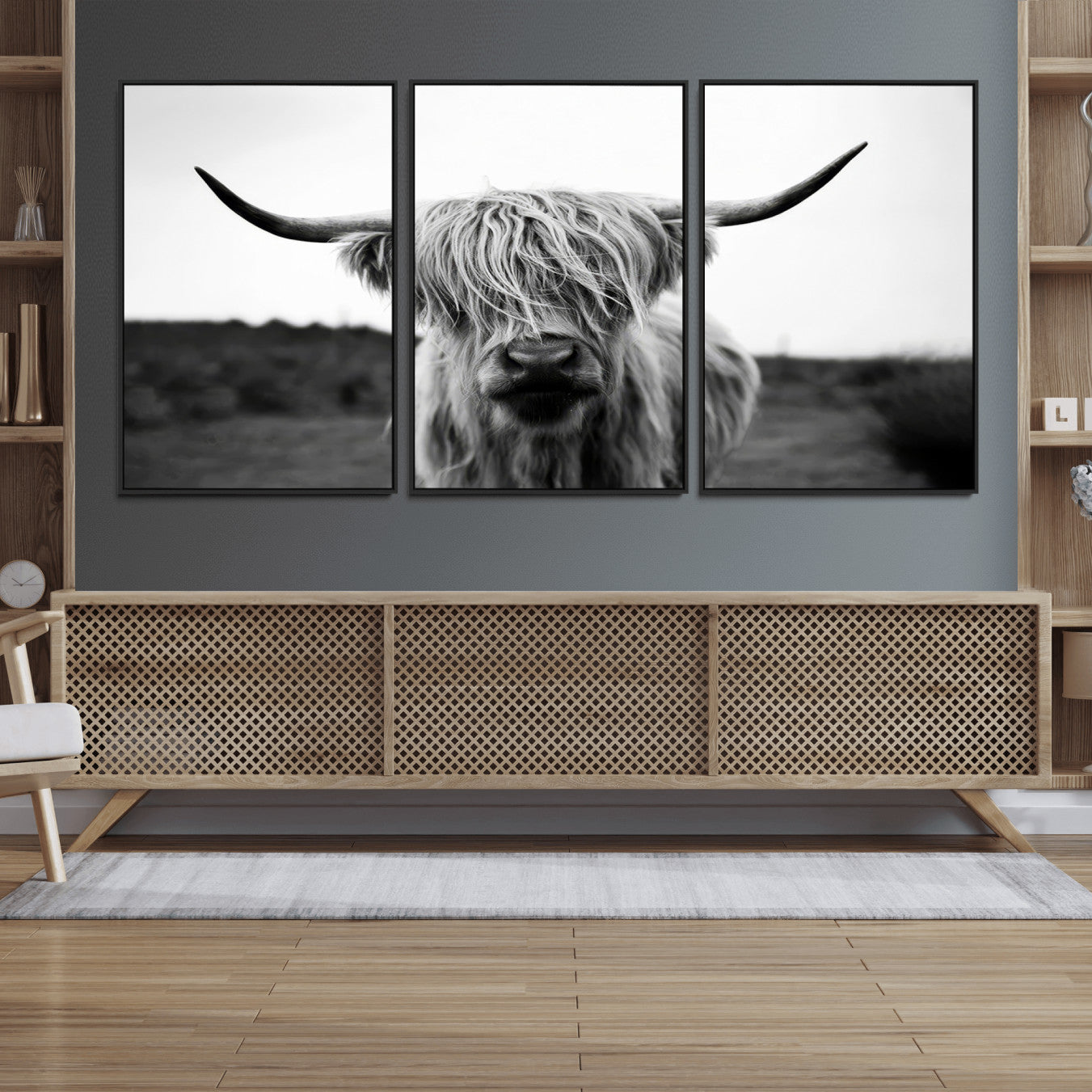 44157-MGV-FC-60X30-3P_Black-Highland Cow Wall Art | Black and White Farmhouse Decor | Triptych Canvas Print | Rustic Barn Decor