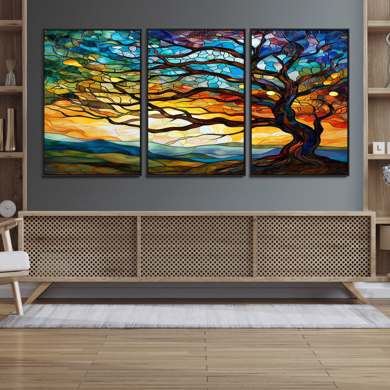87789-MGV-FC-60X30-3P_Black-Vibrant Mosaic Tree of Life Wall Art | Stained Glass Style Canvas Print | Ready to Hang Artistic
