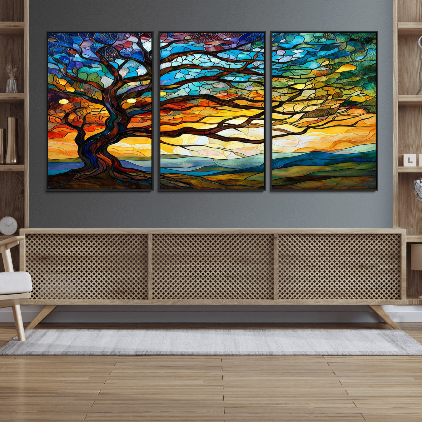 64765-MGV-FC-60X30-3P_Black-Mosaic Tree Wall Art | Ready to Hang Stained Glass Style Canvas Print | Farmhouse Wall Decor, Cabin
