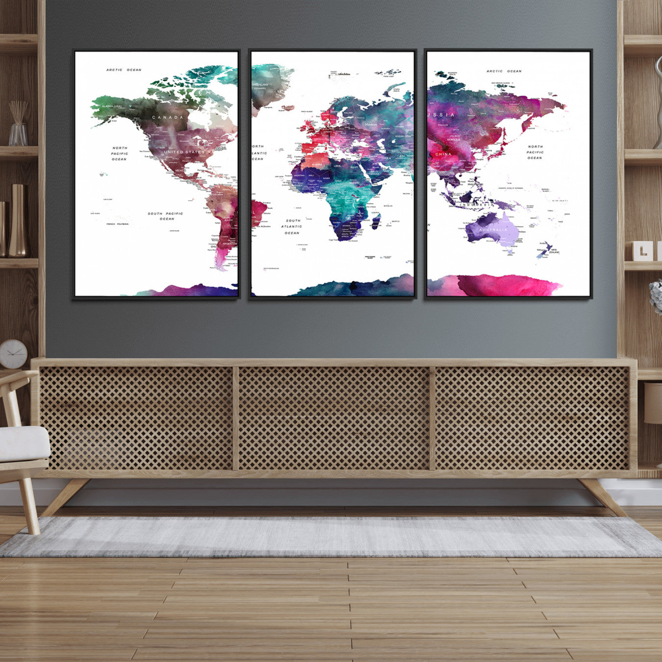 78176-MGV-FC-60X30-3P_Black-Colorful Watercolor World Map Canvas Wall Art – Framed Modern Map Print, Vibrant Travel Inspired Artwork for Home and Office Decor