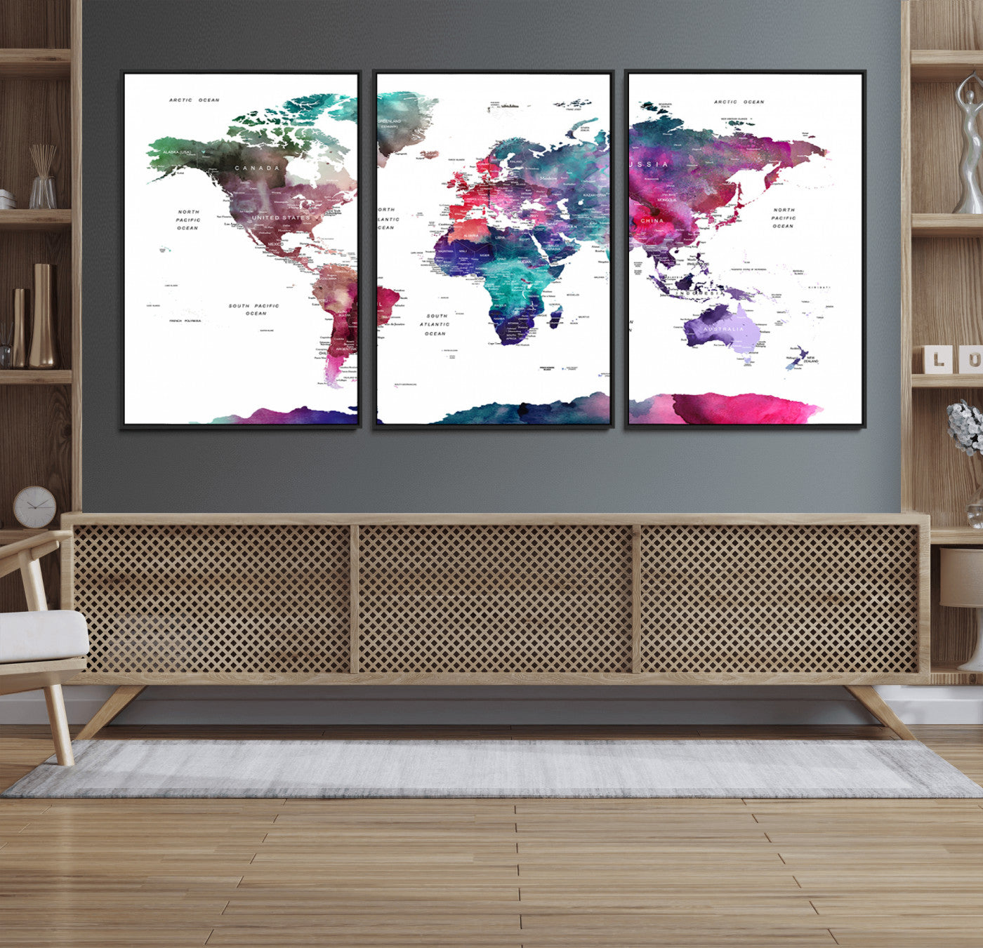 78176-MGV-FC-60X30-3P_Black-Colorful Watercolor World Map Canvas Wall Art – Framed Modern Map Print, Vibrant Travel Inspired Artwork for Home and Office Decor