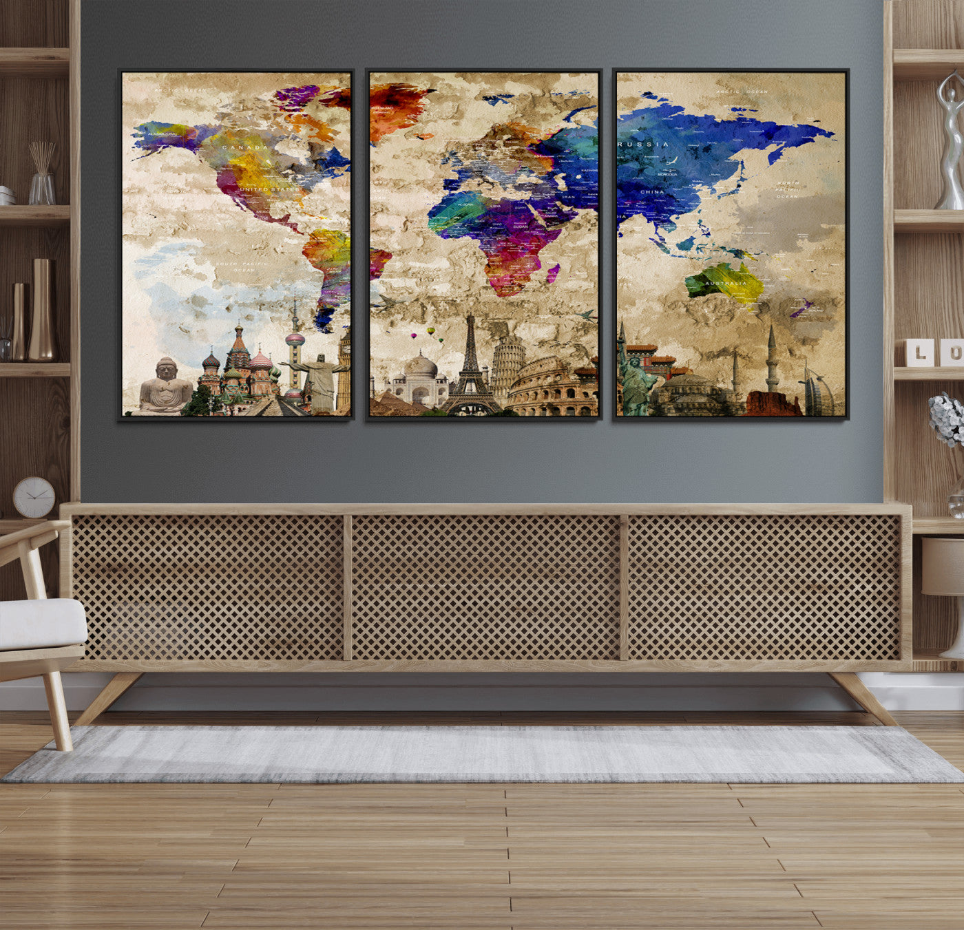 12168-MGV-FC-60X30-3P_Black-Push Pin World Map Canvas Print – Framed Travel Tracker Wall Art for Couples, Anniversary Gift and Modern Home Decor