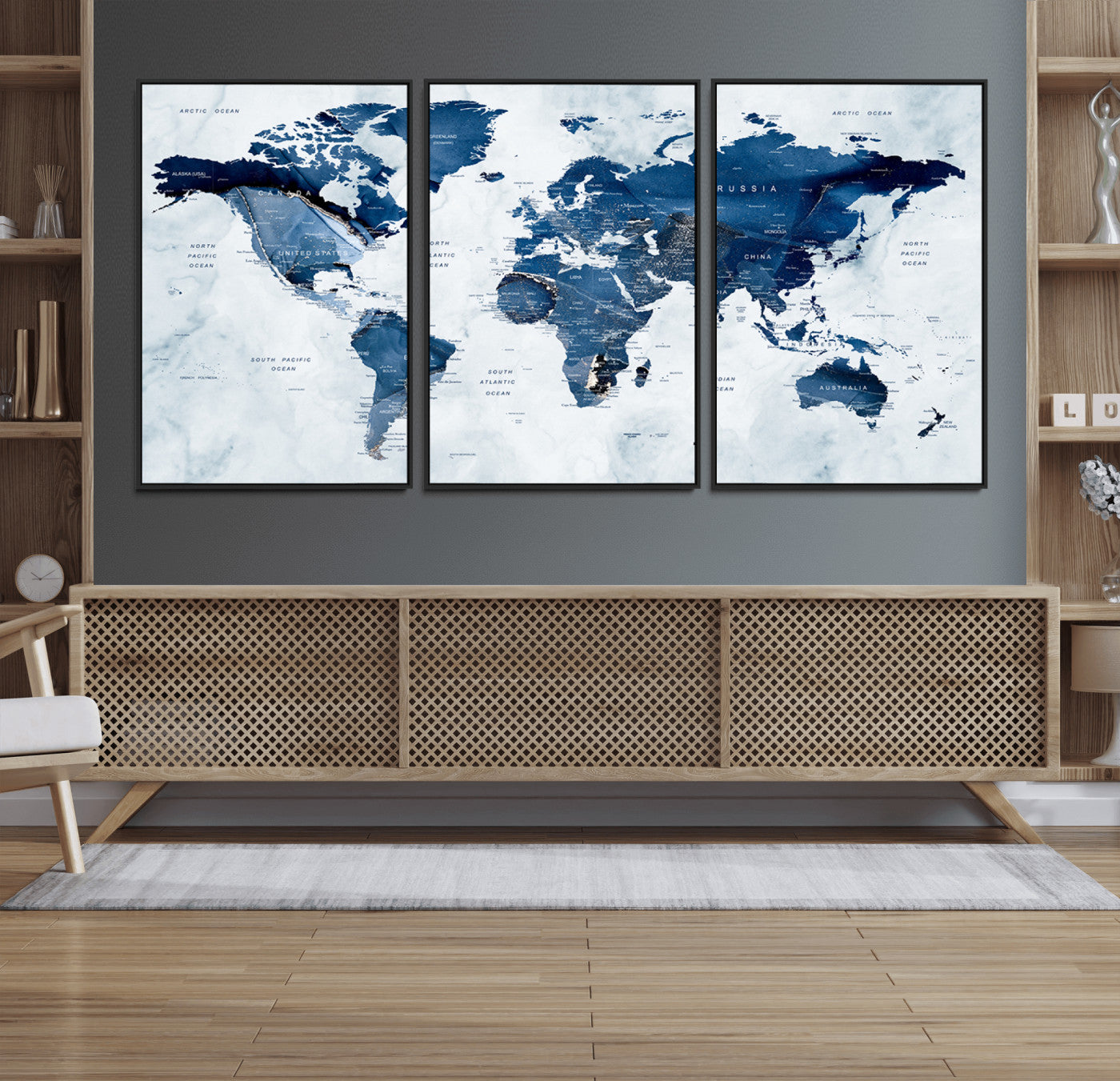 88266-MGV-FC-60X30-3P_Black-Modern Blue Marble World Map Canvas Print – Framed Push Pin Wall Art, Elegant Travel Map Artwork for Home Office or Living Room Decor