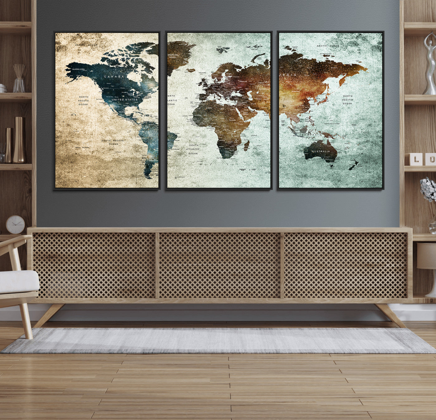 25140-MGV-FC-60X30-3P_Black-World Map Canvas Print – Framed Vintage Style Push Pin Wall Art, Elegant Travel Map Decor for Home or Office