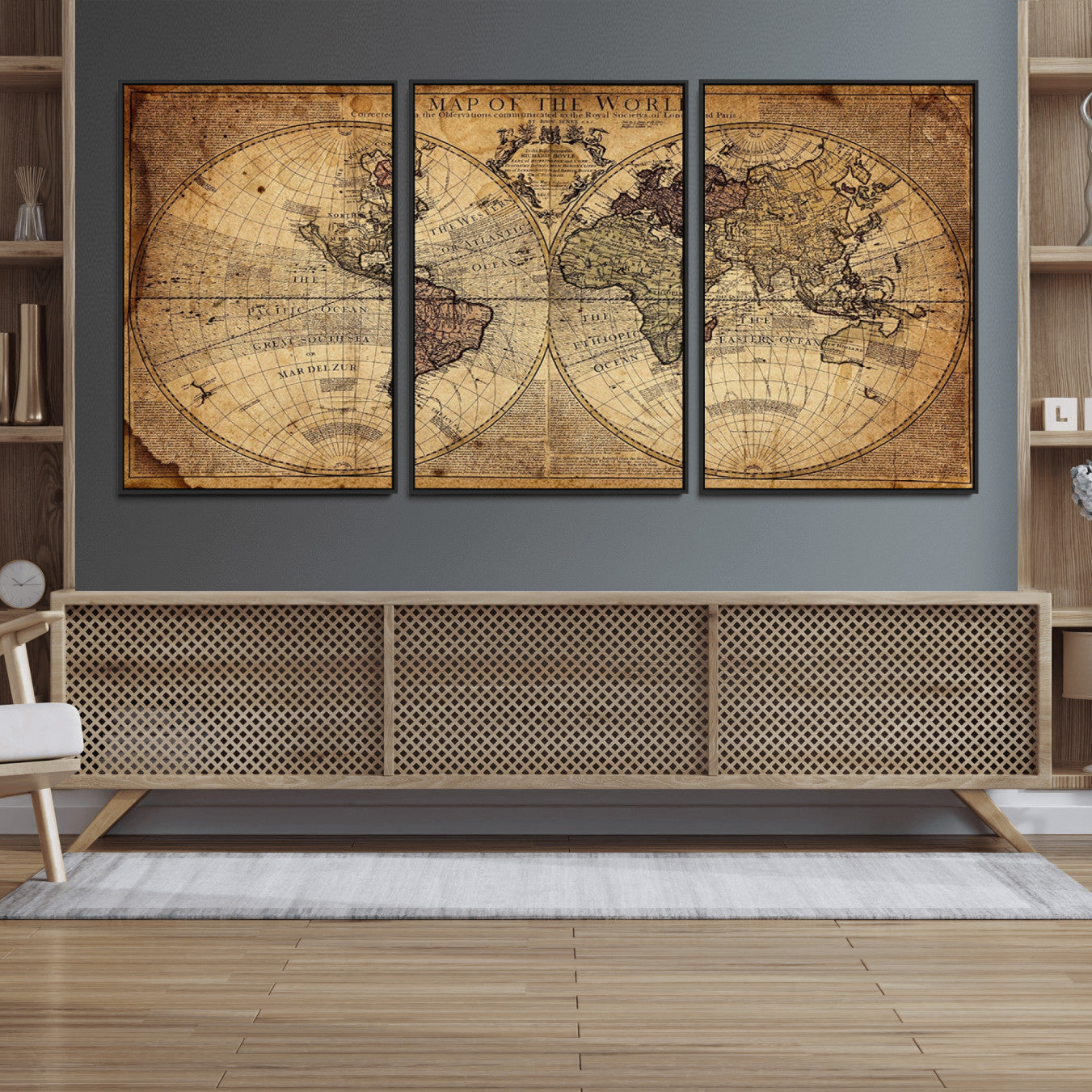 Ant1001-MGV-FC-60X30-3P_Black-Vintage World Map Wall Art Canvas – Antique Style Push Pin Travel Map, Framed Decorative Wall Decor for Home, Office