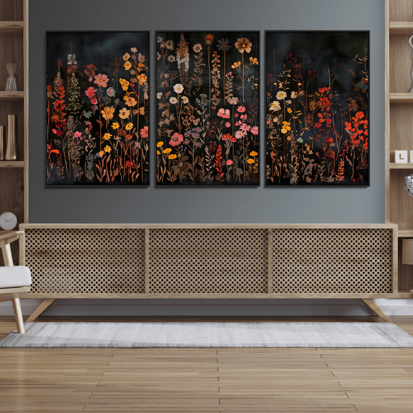 AbstFLF-MGV-FC-60X30-3P_Black-Large Floral Painting Print Illustration Flowers Canvas Wall Art Botanical Wall Decor Modern