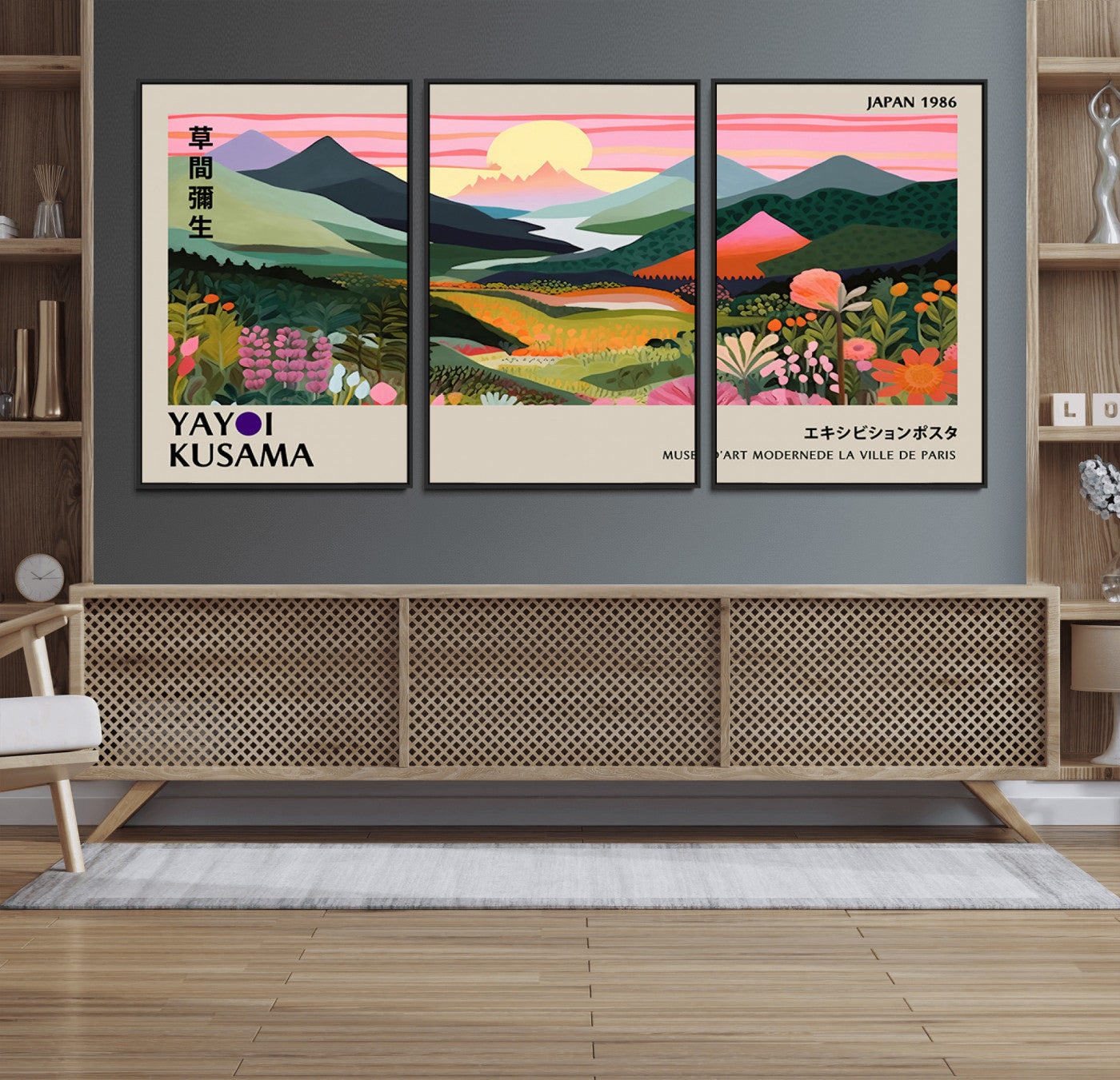 85192-MGV-FC-60X30-3P_Black-Yayoi Kusama 1986 Wall Art Print – Vibrant Abstract Japanese Wabi Sabi Design Modern Colorful Artwork for Home Office