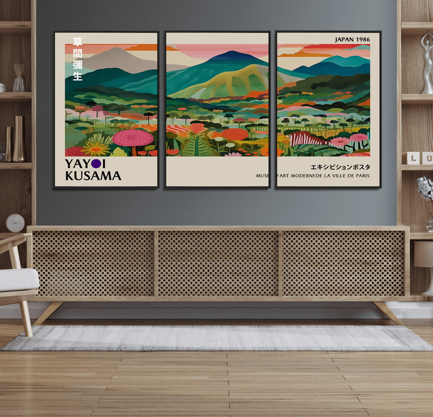 83384-MGV-FC-60X30-3P_Black-Yayoi Kusama Japan 1986 Canvas – Wabi Sabi Japanese Vibrant Abstract Wall Art Contemporary Canvas for Home, Office