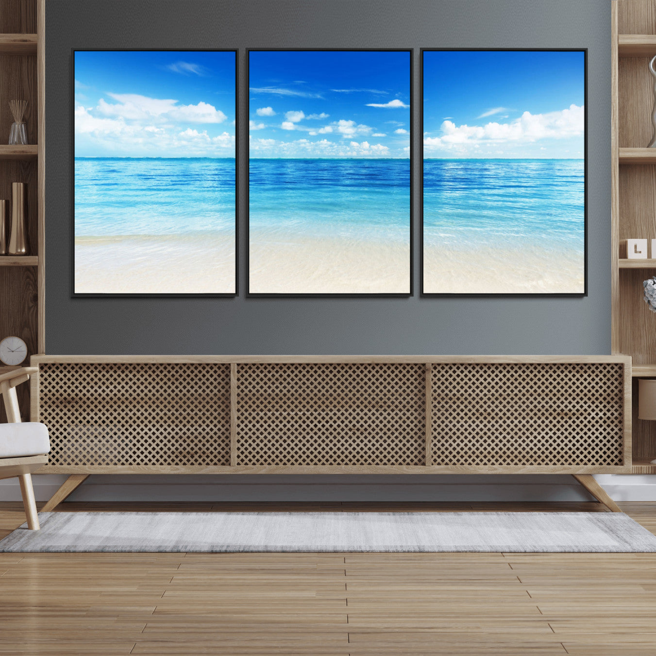 36641-MGV-FC-60X30-3P_Black-Beach Scene Canvas Wall Art Print – Tranquil Ocean Horizon and White Sand Beach Wall Decor for Home