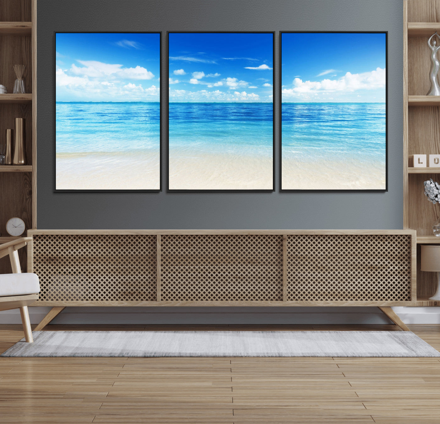 36641-MGV-FC-60X30-3P_Black-Beach Scene Canvas Wall Art Print – Tranquil Ocean Horizon and White Sand Beach Wall Decor for Home