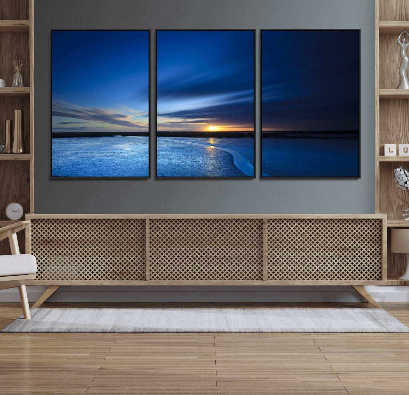 33853-MGV-FC-60X30-3P_Black-Blue Sunset Ocean Canvas Wall Art Print – Serene Coastal Horizon Wall Decor for Home or Office –