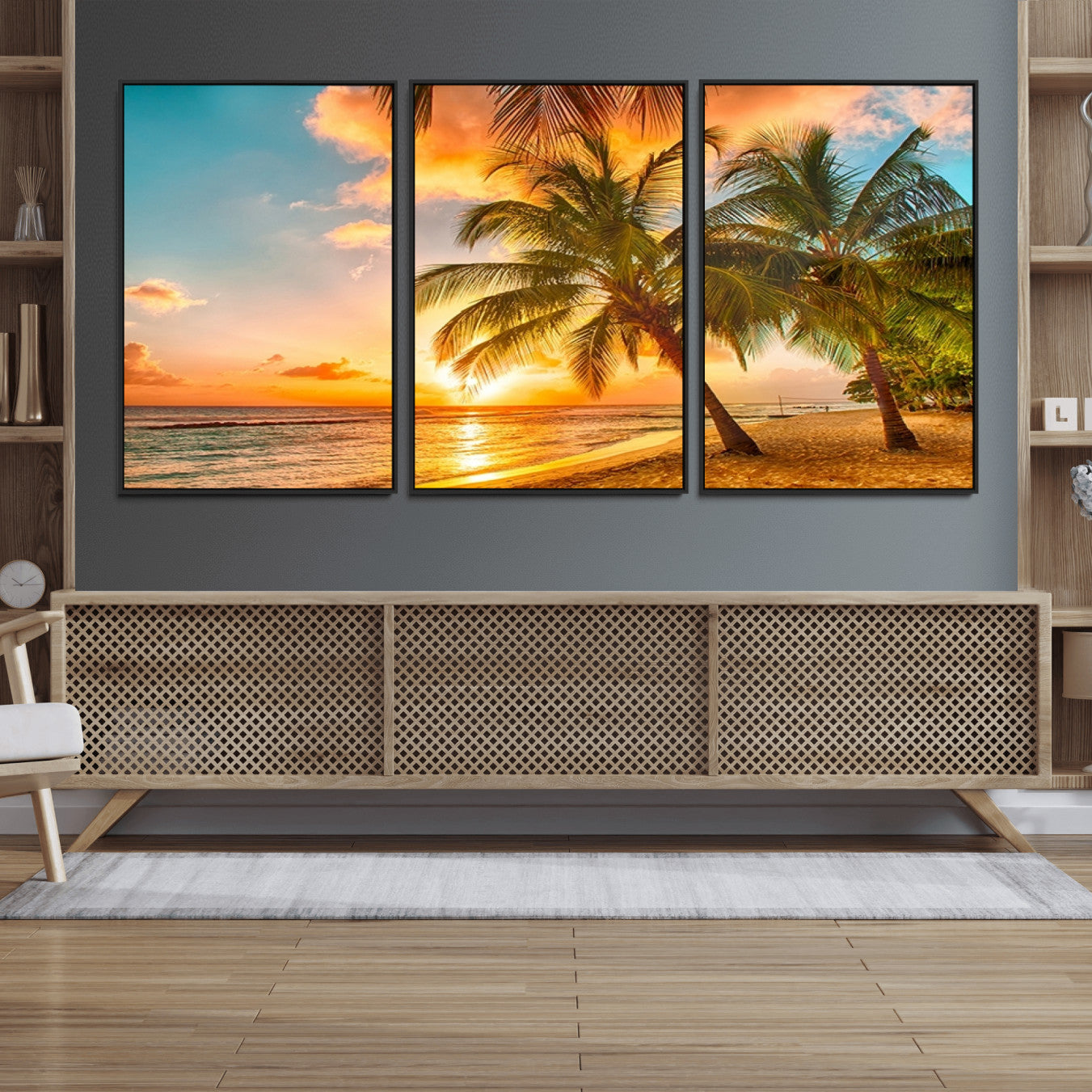 18618-MGV-FC-60X30-3P_Black-Tropical Sunset Beach Canvas Wall Art Print – Vibrant Palm Trees and Coastal Sunset Wall Decor for