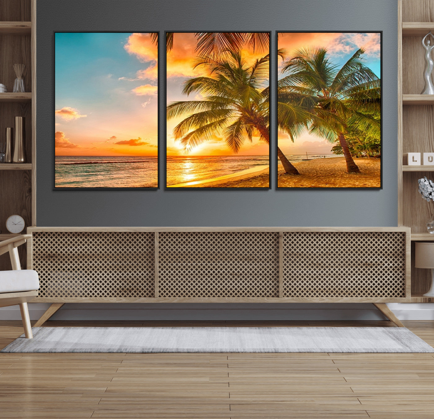 18618-MGV-FC-60X30-3P_Black-Tropical Sunset Beach Canvas Wall Art Print – Vibrant Palm Trees and Coastal Sunset Wall Decor for