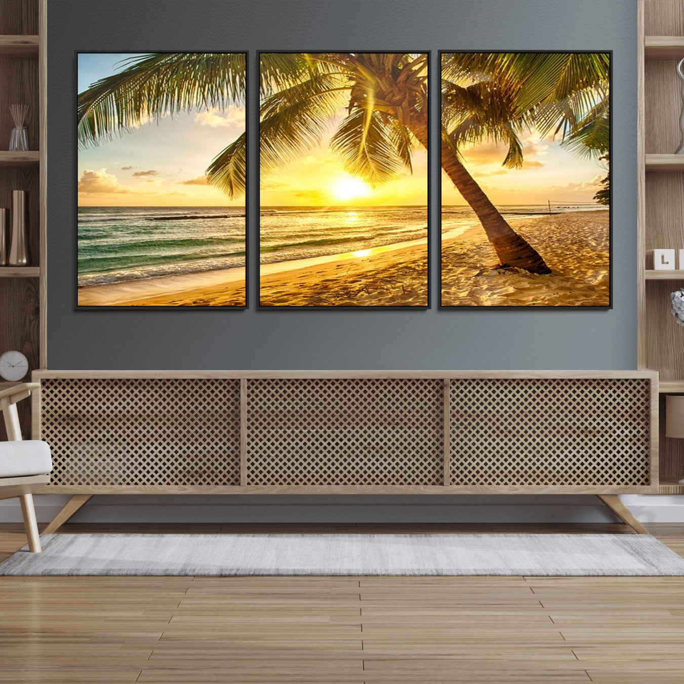 33628-MGV-FC-60X30-3P_Black-Beach Sunset Canvas Wall Art Print - Tropical Beach Canvas Wall Art Print – Vibrant Palm Trees and