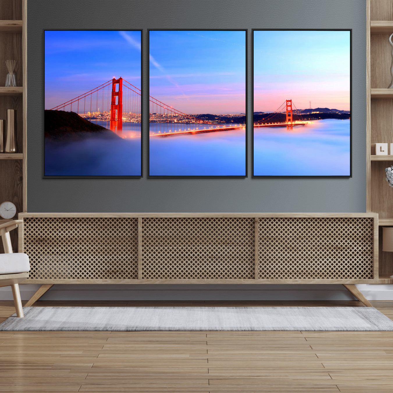 MGV-FC-60X30-3P - Golden Gate Bridge Wall Art Print, San Francisco Sunset Canvas Wall Art, Cityscape Canvas Print for