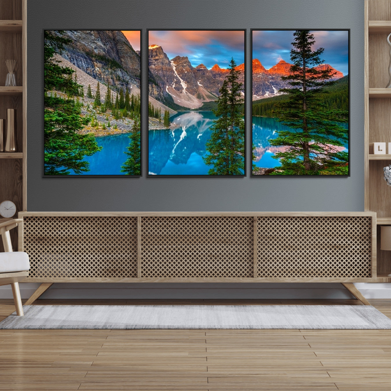 -Canadian Rockies Moraine Lake Wall Art Canvas Print, Pine Trees Mountain Spring Canvas Print