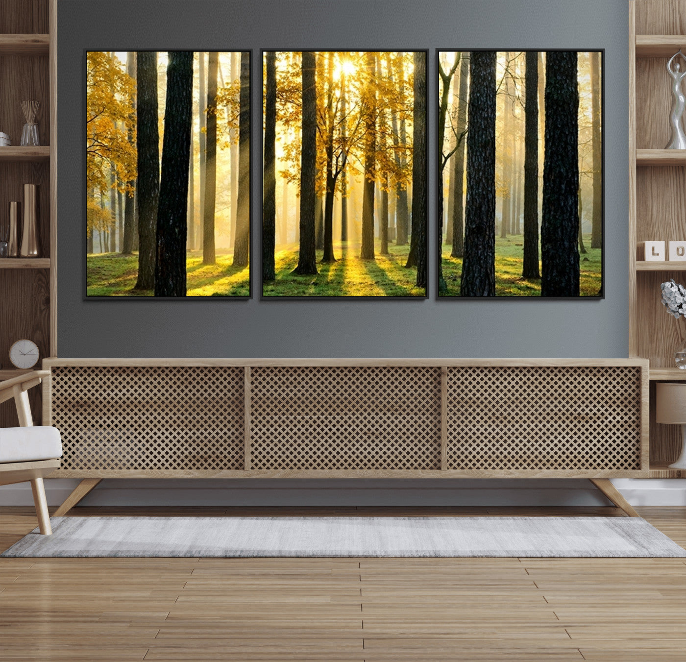 60024-MGV-FC-60X30-3P_Black-Sunlit Forest Wall Art Canvas Print – Large Framed Woodland Landscape Artwork for Home, Office, Living Room