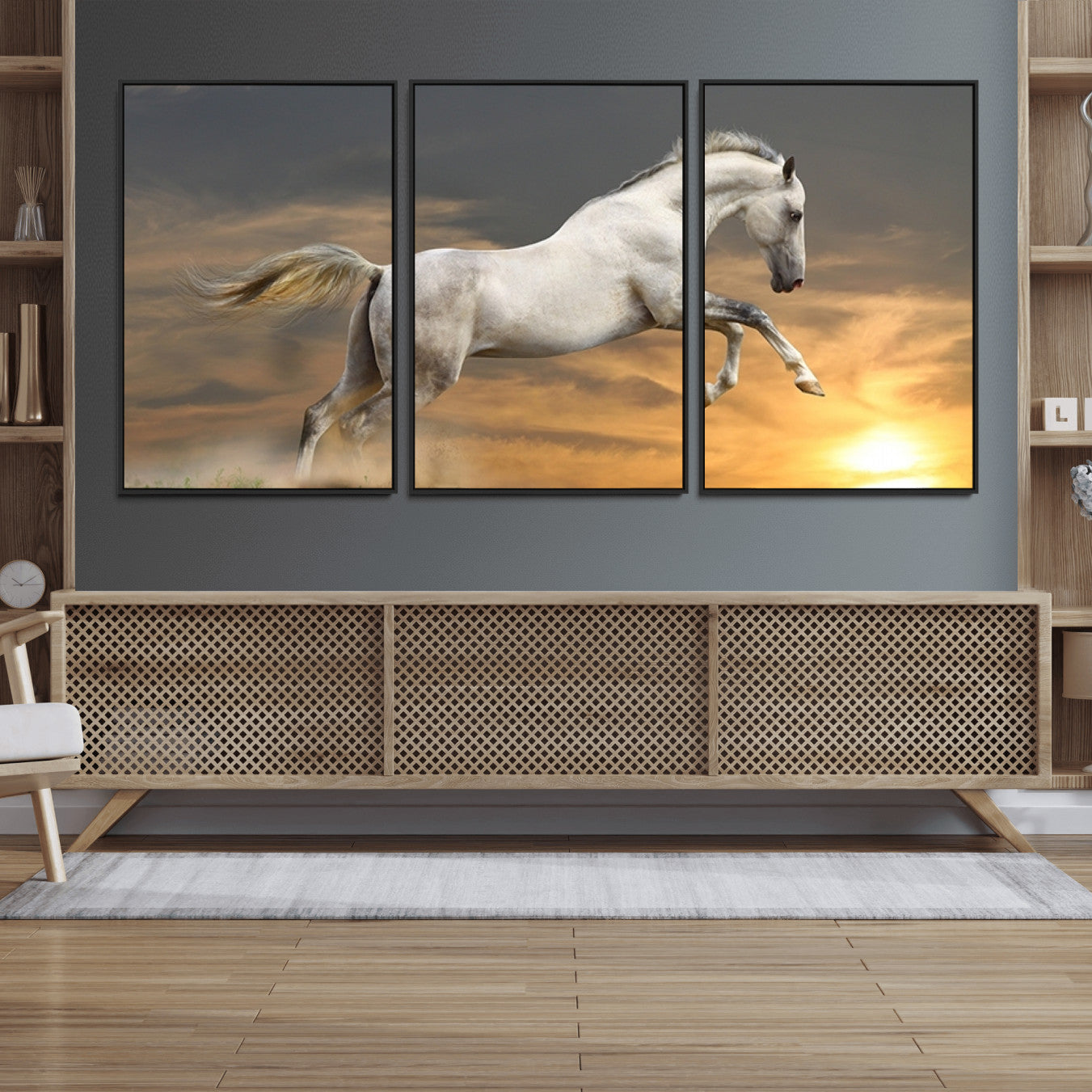 96845-MGV-FC-60X30-3P_Black-Large Wall Art Canvas Print – White Jumping Horse Sunset Scene Animal Artwork for Home, Office, Living Room Decor