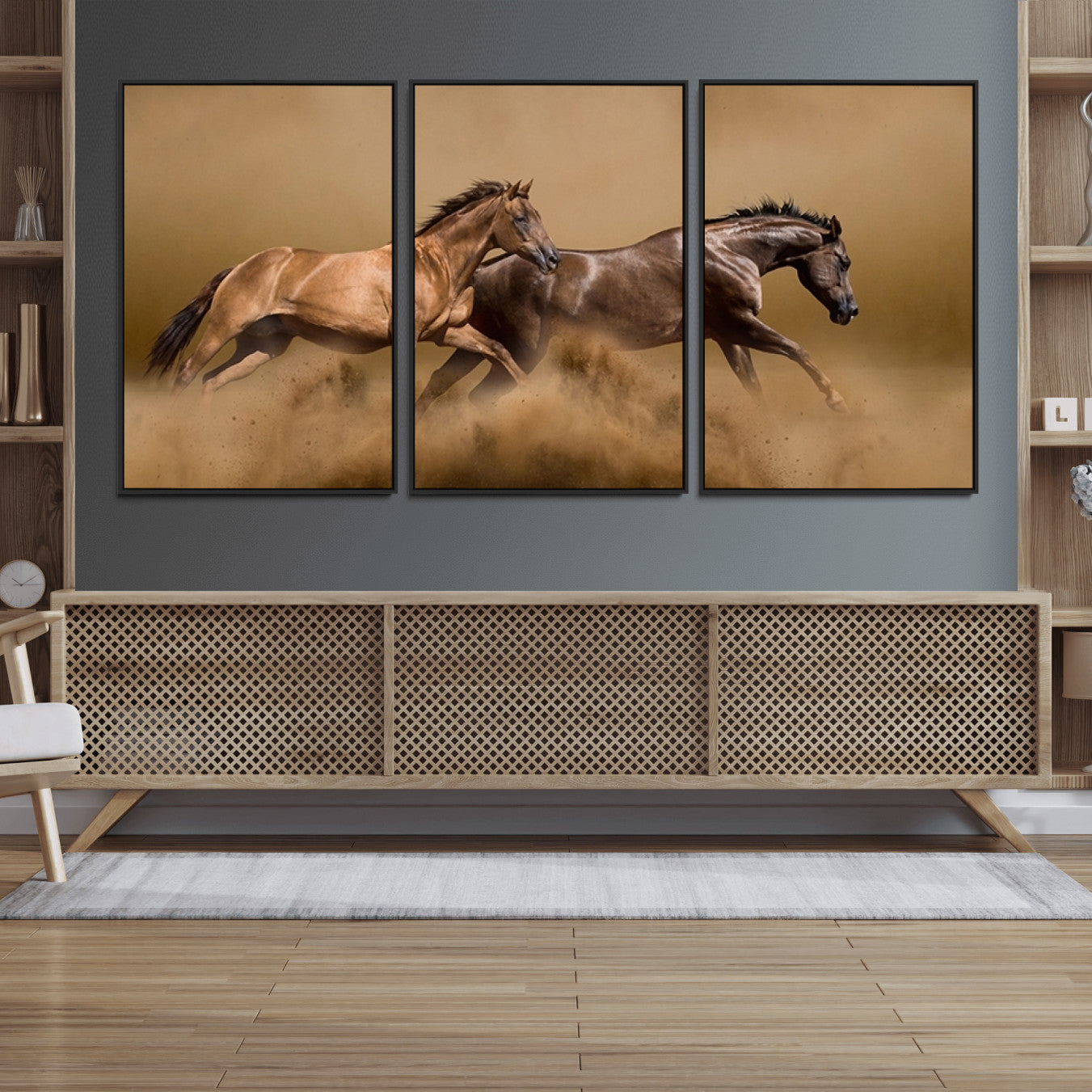 53721-MGV-FC-60X30-3P_Black-Large Wall Art Canvas Print – Two Running Brown Horses Motion Animal Artwork for Home, Office, Living Room Decor
