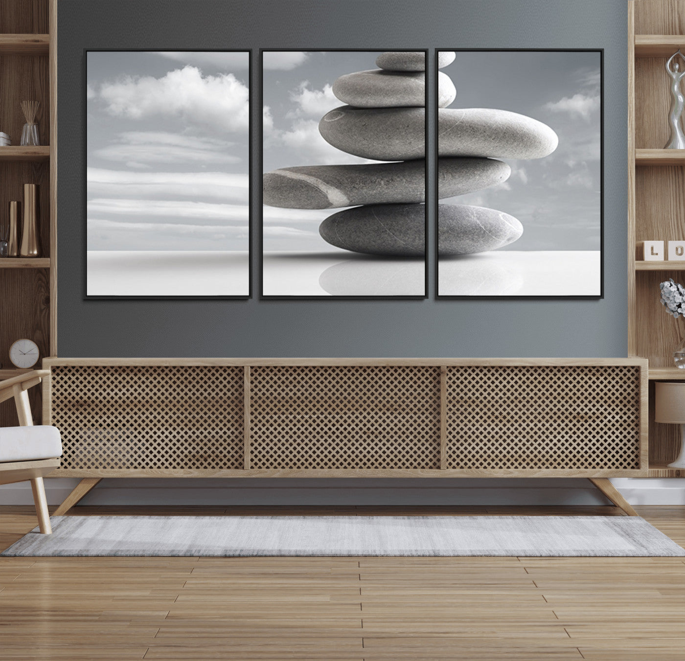 14496-MGV-FC-60X30-3P_Black-Still Life Black and White Zen Stones Wall Art Canvas, Framed Black and White Zen Stones Canvas