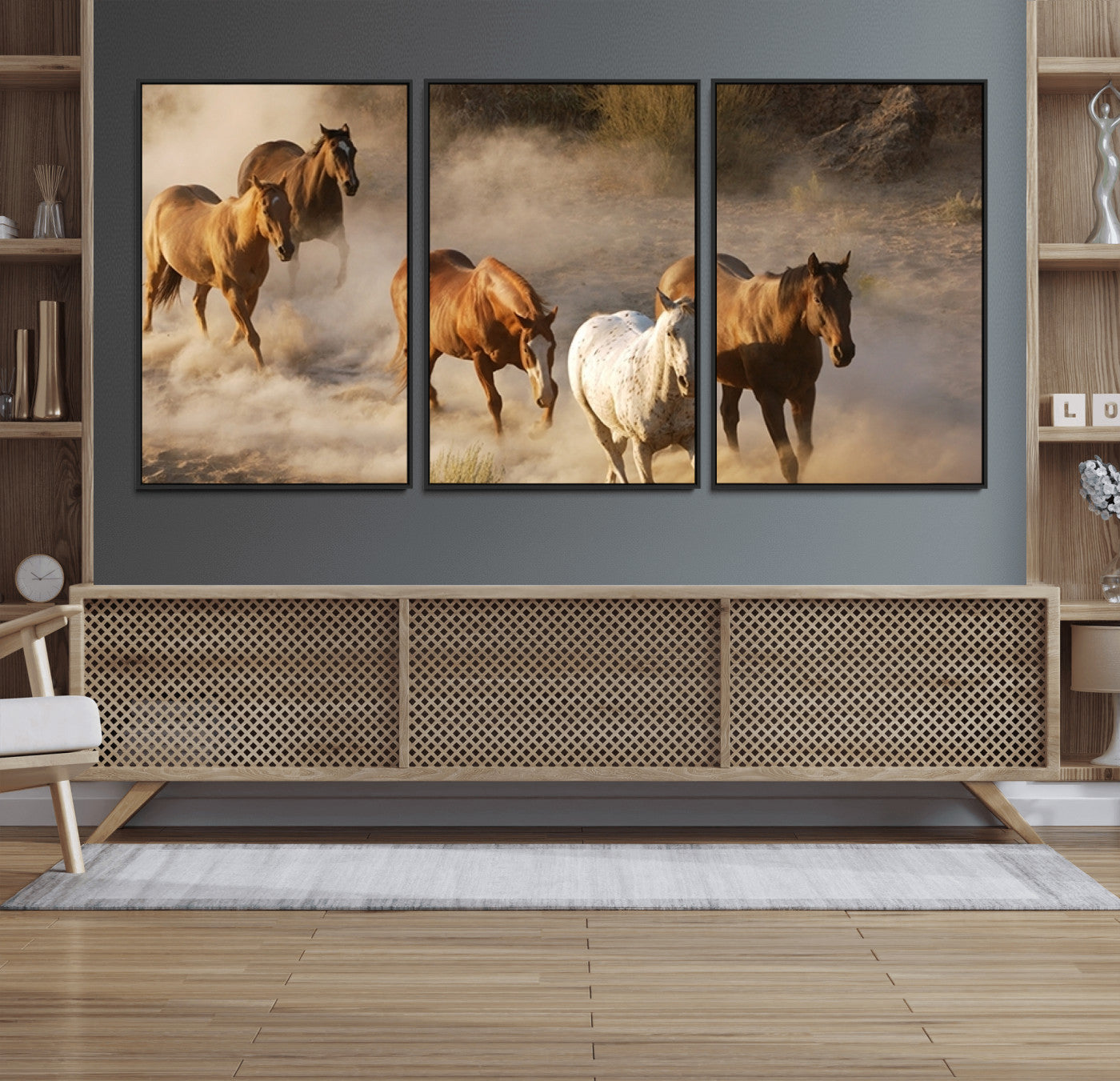 23809-MGV-FC-60X30-3P_Black-Large Wall Art 5 Horses Running on Sand Canvas Print