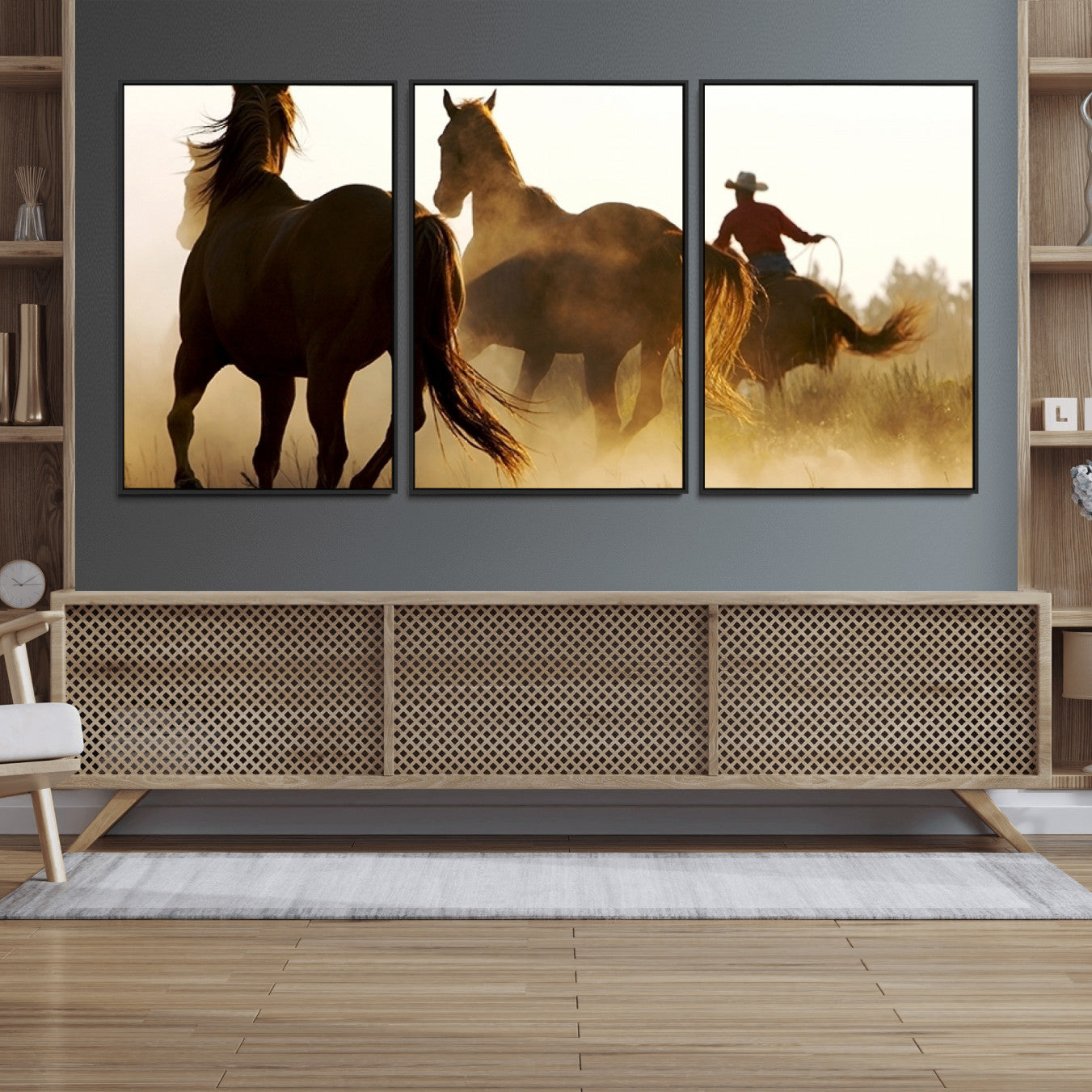 49068-MGV-FC-60X30-3P_Black-Horses and Cowboys Wall Art Canvas Print